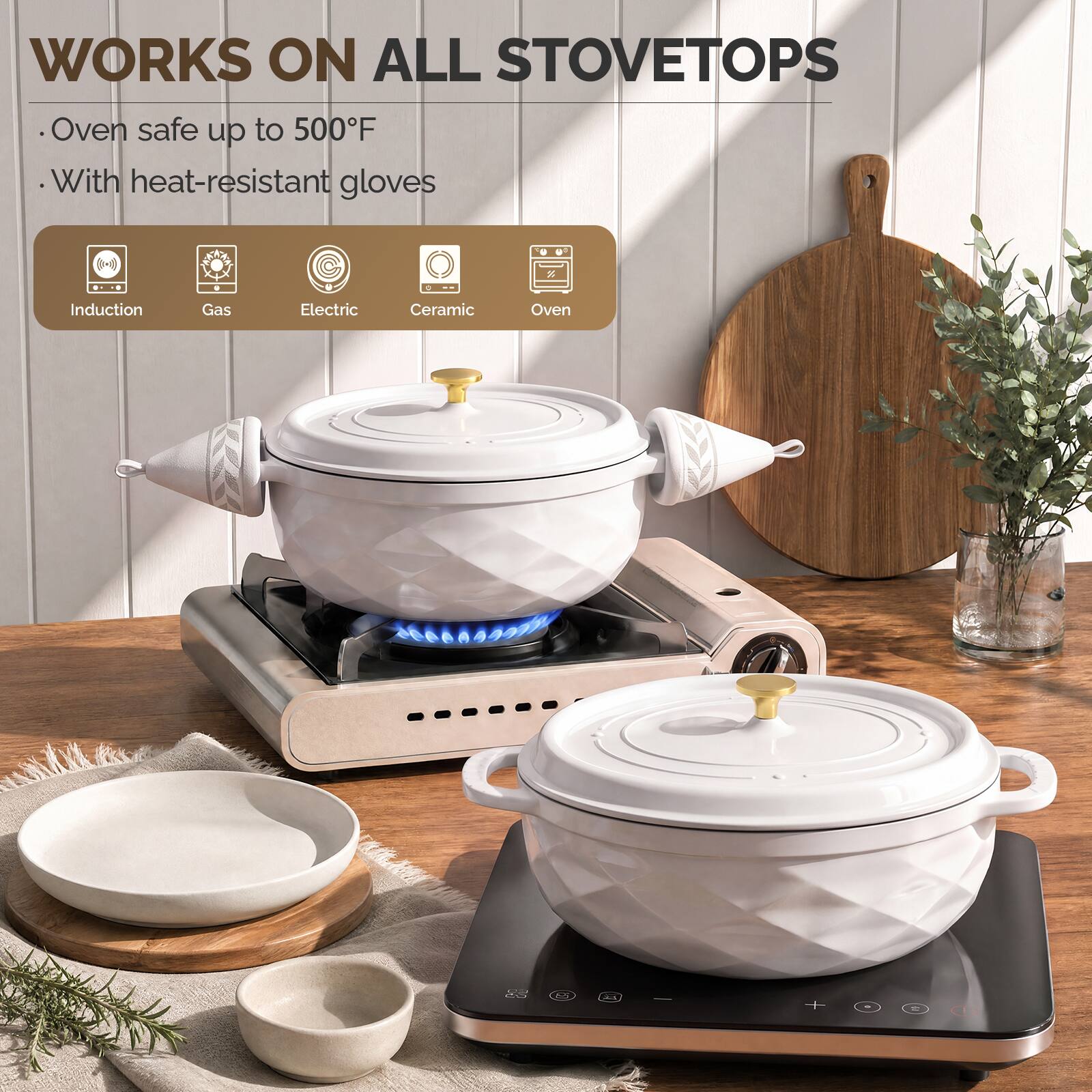 WORKS ON ALL STOVETOPS  
- Oven safe up to 500°F  
- With heat-resistant gloves  

Induction  
Gas  
Electric  
Ceramic  
Oven