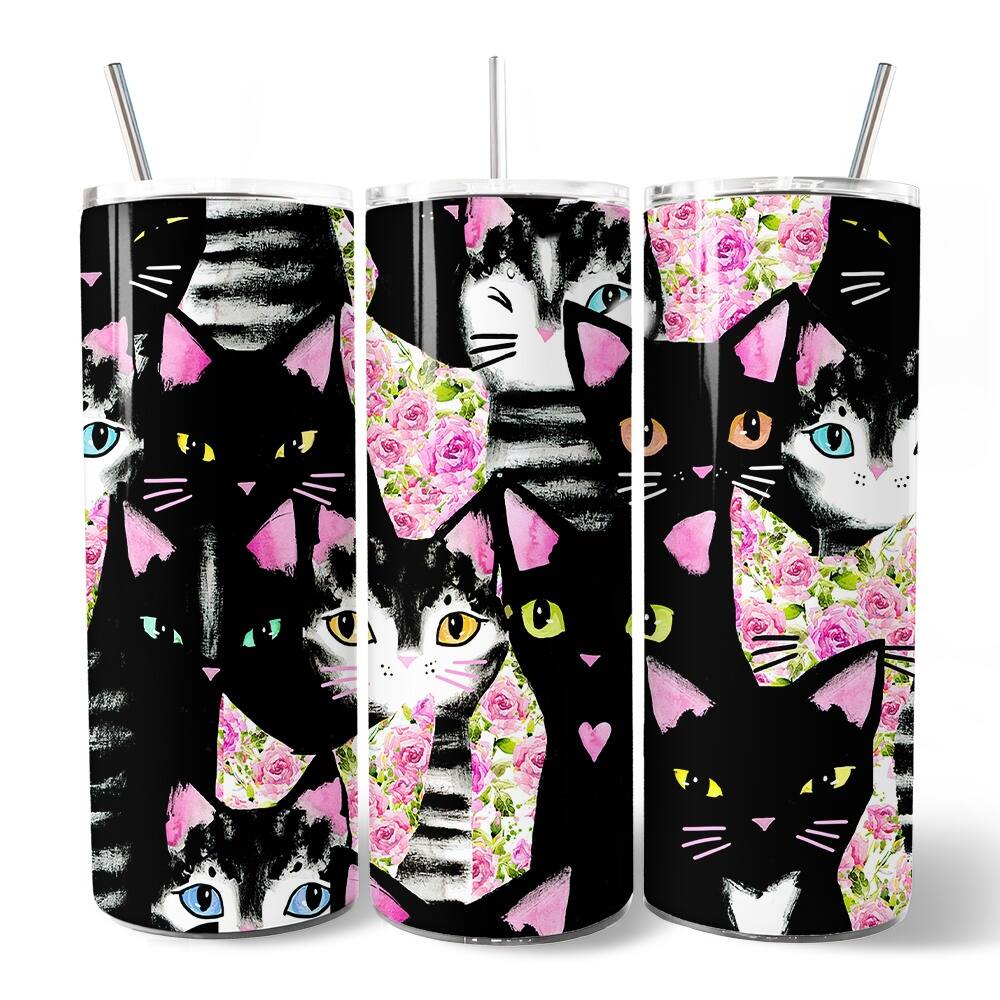 Front. OrnamentallyYou - Black Cats Pink Rose Pattern 20oz Tumbler With Lid and Stainless Steel Straw - Multicolored.