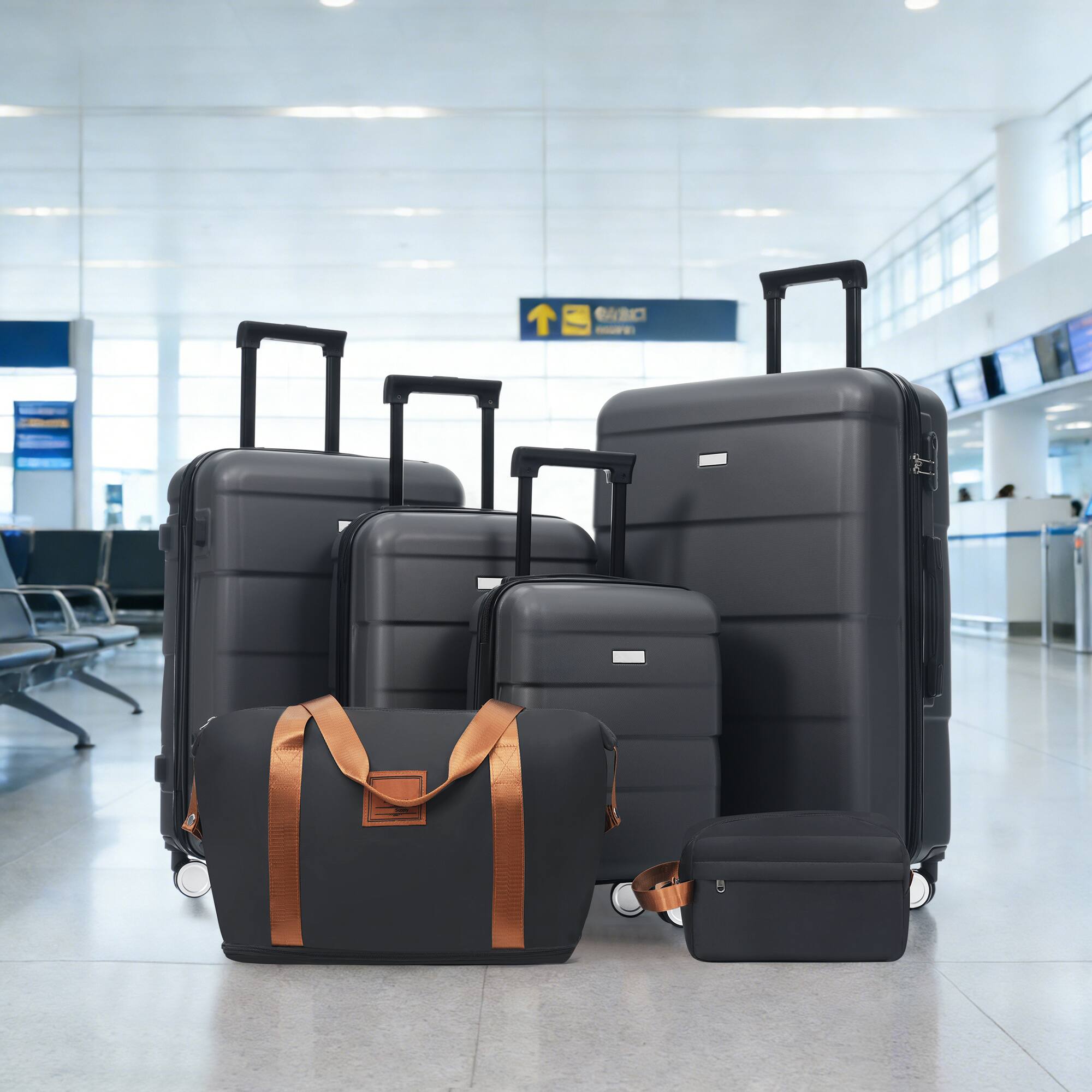 Alt View 8. Ecooso - 6-Piece ABS Hard Shell Luggage Set with Duffel & Toiletry Bag, Password Lock, Double Spinner Wheels, 16/20/24/28 - Charcoal.