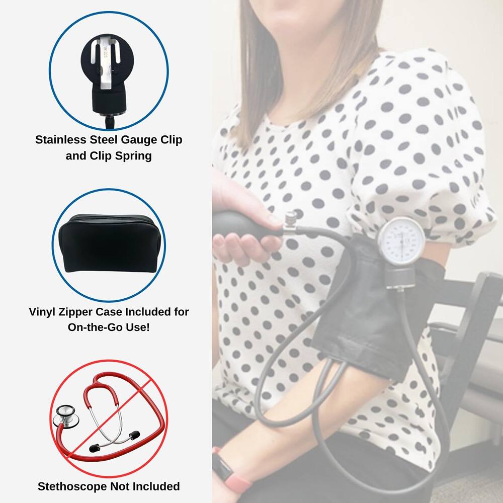 Stainless Steel Gauge Clip and Clip Spring

Vinyl Zipper Case Included for On-the-Go Use!

Stethoscope Not Included