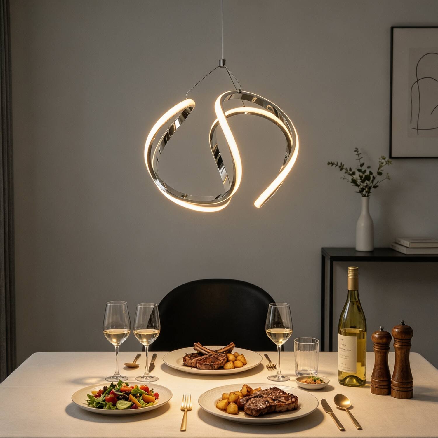 Left. Umeiluce - 15.7 In Modern LED Pendant Light 3000K Dimmable - Chrome.