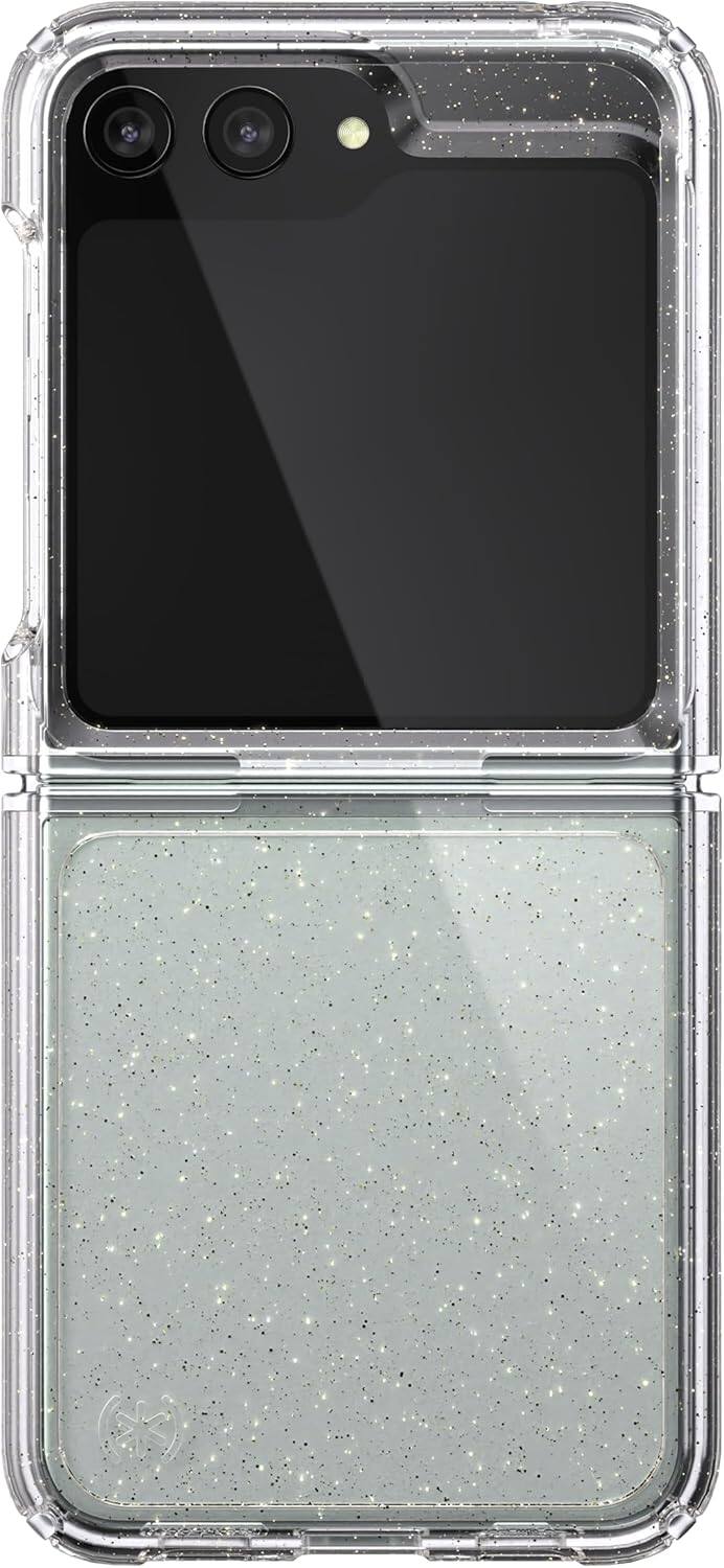 Left. Speck - Speck Presidio Perfect-Clear Fold With Glitter Case - Samsung Galaxy Z Flip5 - Clear/Gold Glitter.