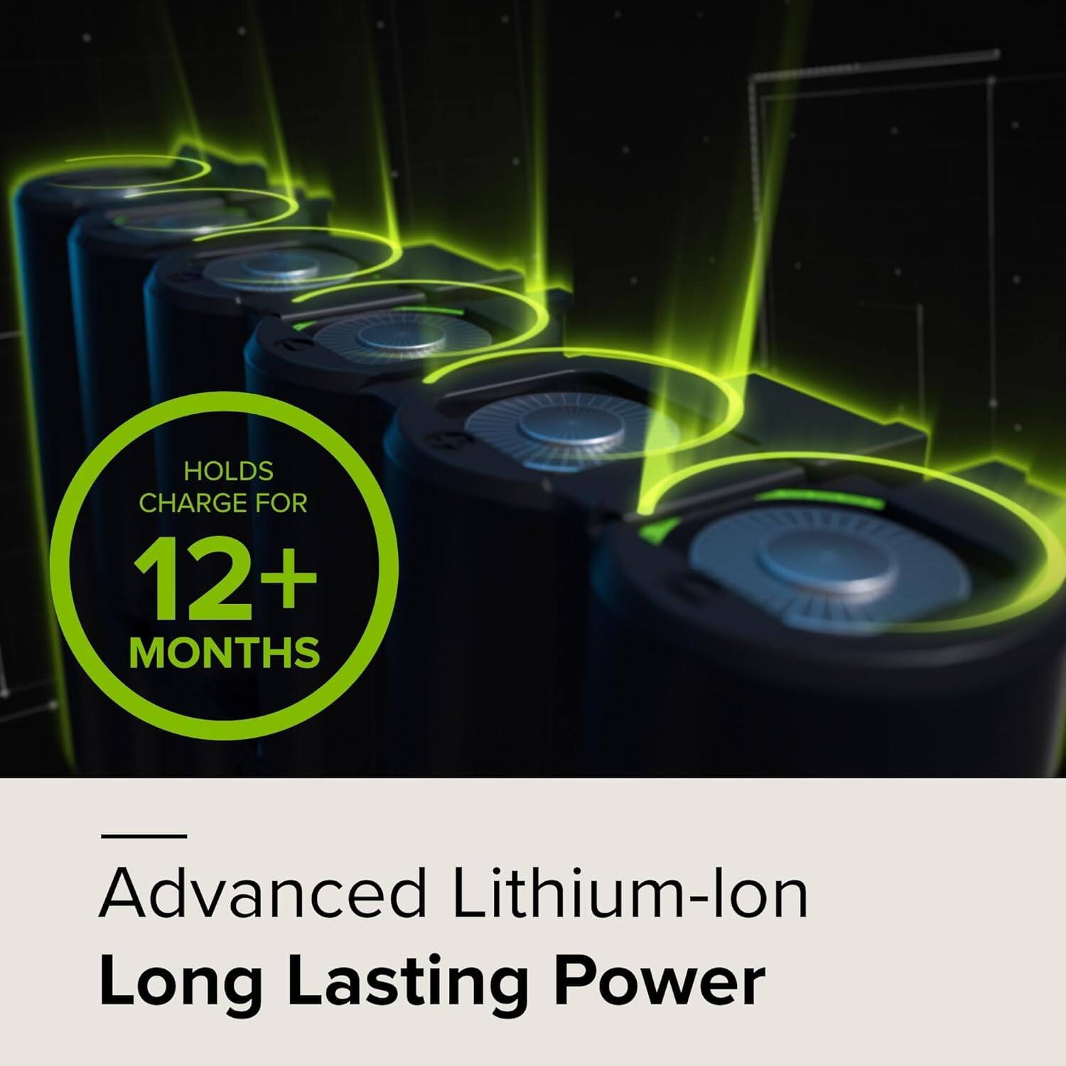 HOLDS CHARGE FOR 12+ MONTHS  
Advanced Lithium-ion Long Lasting Power