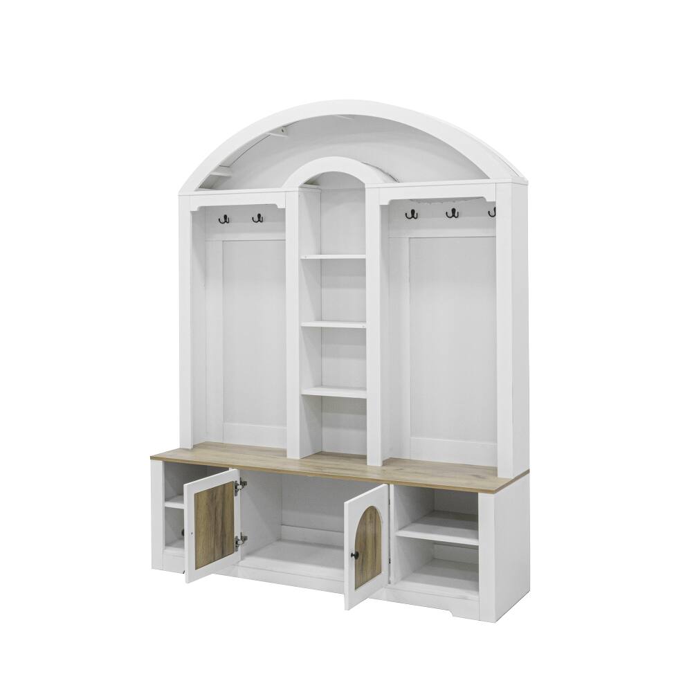 Alt View 10. Loheer - Loheer Curved Entrance Wardrobe Hall Tree With Shoe Bench Two-Tone 59-Inch - White and Walnut.