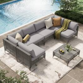 Mondawe - 7-Piece Hollow Steel Seating Set with Waterproof Cushions and Adjustable Feet - Gray