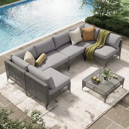 Front. Mondawe - 7-Piece Hollow Steel Seating Set with Waterproof Cushions and Adjustable Feet - Grey.