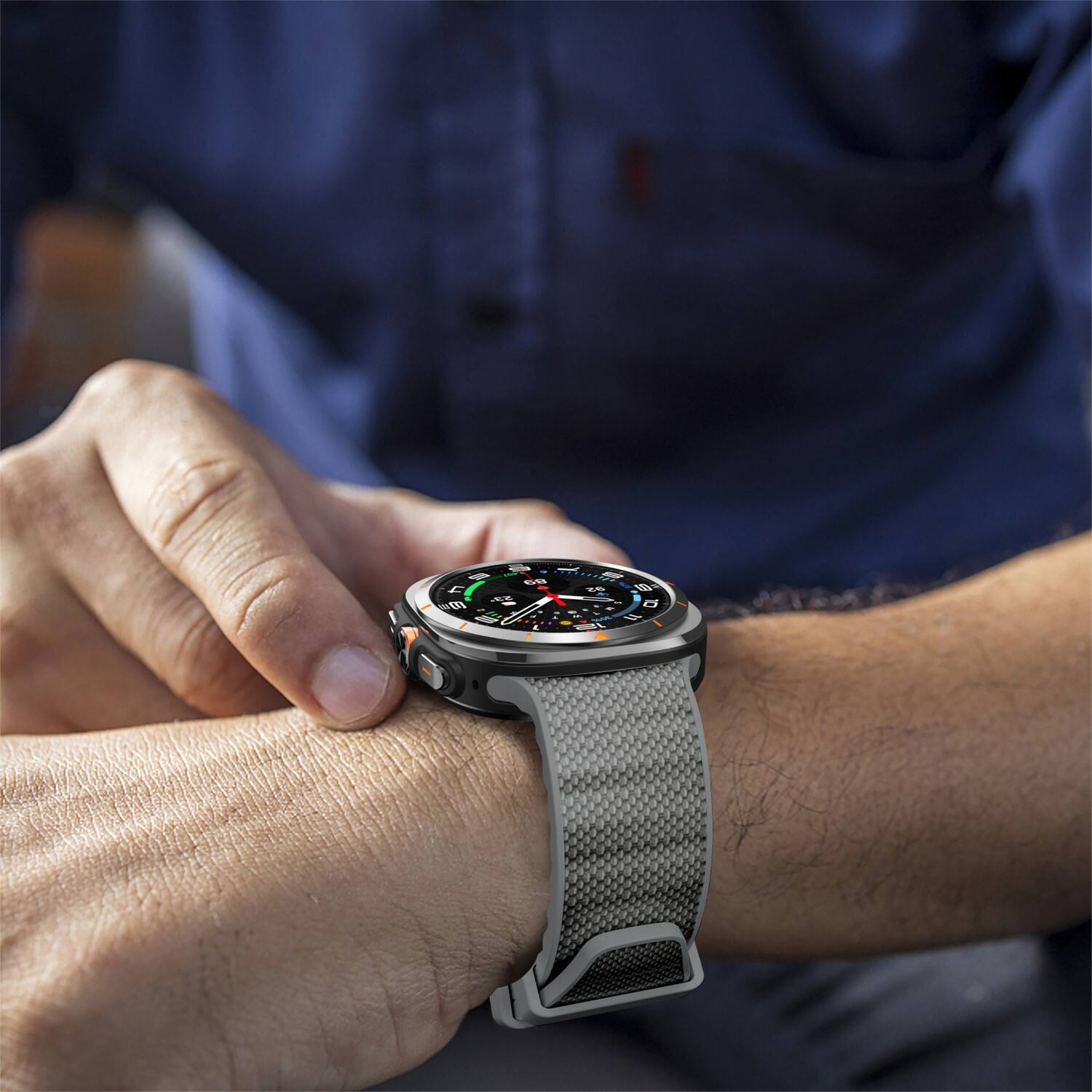 Left. StrapsCo - Endurance Band Silicone Rubber Watch Strap For Samsung Galaxy Watch Ultra - Grey.