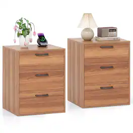 Costway - 2PCS 3 Drawer Dresser Chest of Drawer Storage Cabinet with Wide Storage Space - Walnut