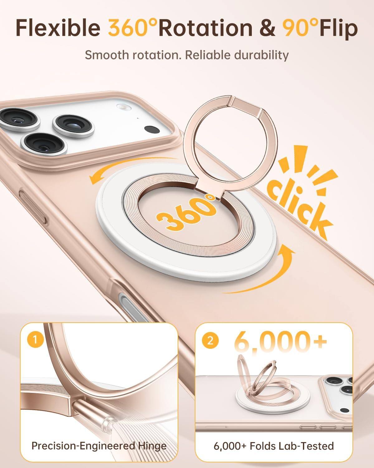 Flexible 360° Rotation & 90° Flip  
Smooth rotation. Reliable durability  

360° click  

1. Precision-Engineered Hinge  
2. 6,000+ Folds Lab-Tested