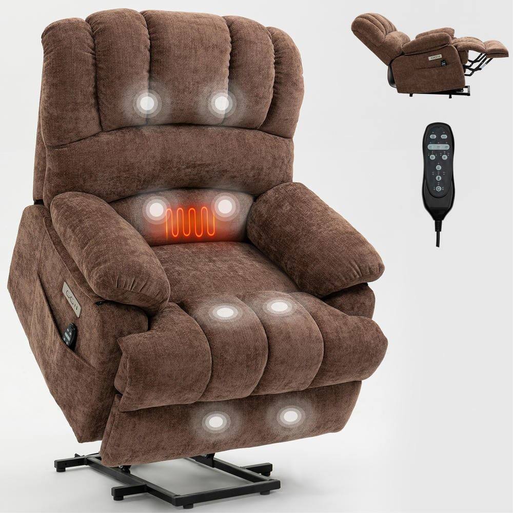 Left. Kadyn - Oversized Power Lift Recliner, 23" Wide Seat, Massage & Heat, USB Port, 350lb Capacity, Brown - Brown.