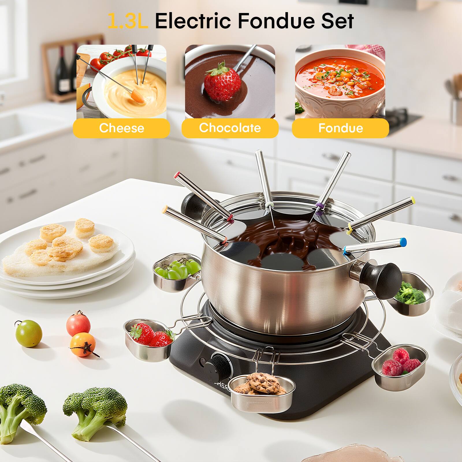 1.3L Electric Fondue Set

Cheese
Chocolate
Fondue