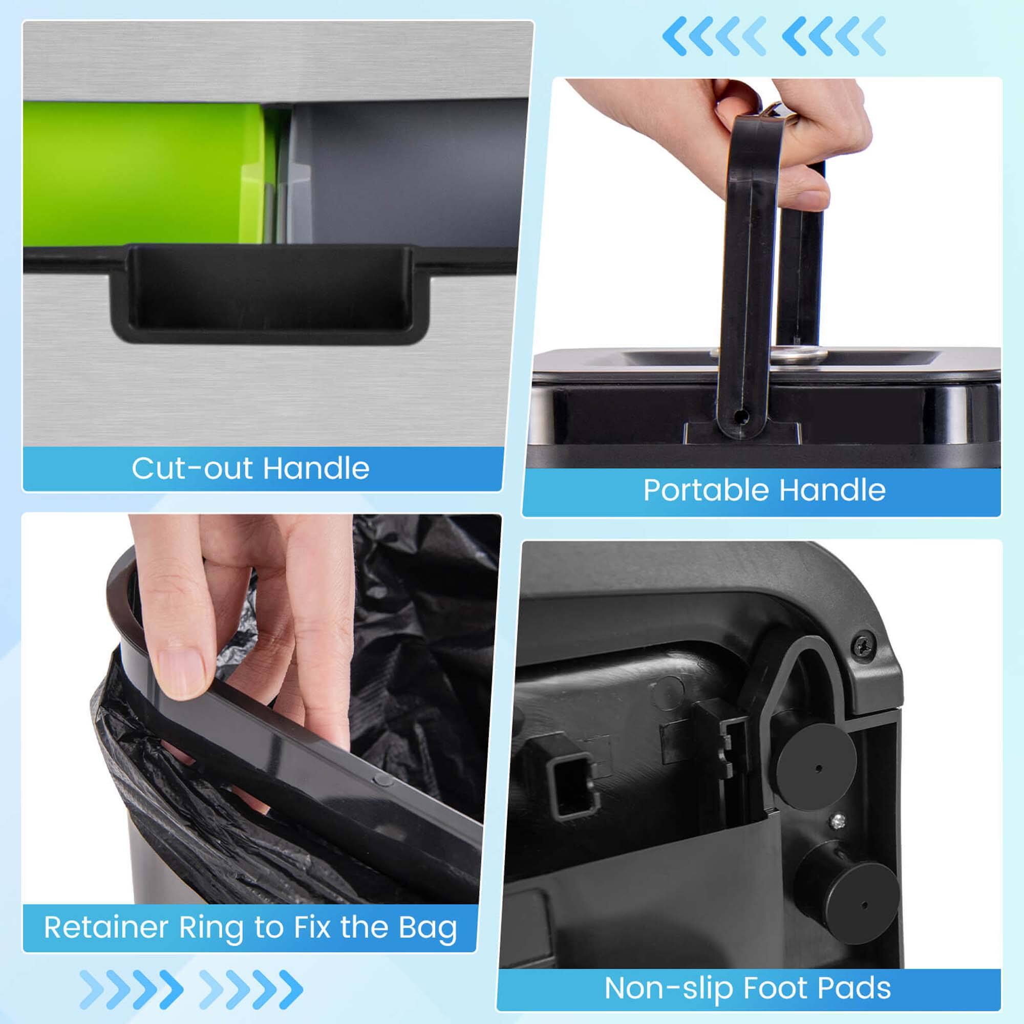 1. Cut-out Handle
2. Portable Handle
3. Retainer Ring to Fix the Bag
4. Non-slip Foot Pads