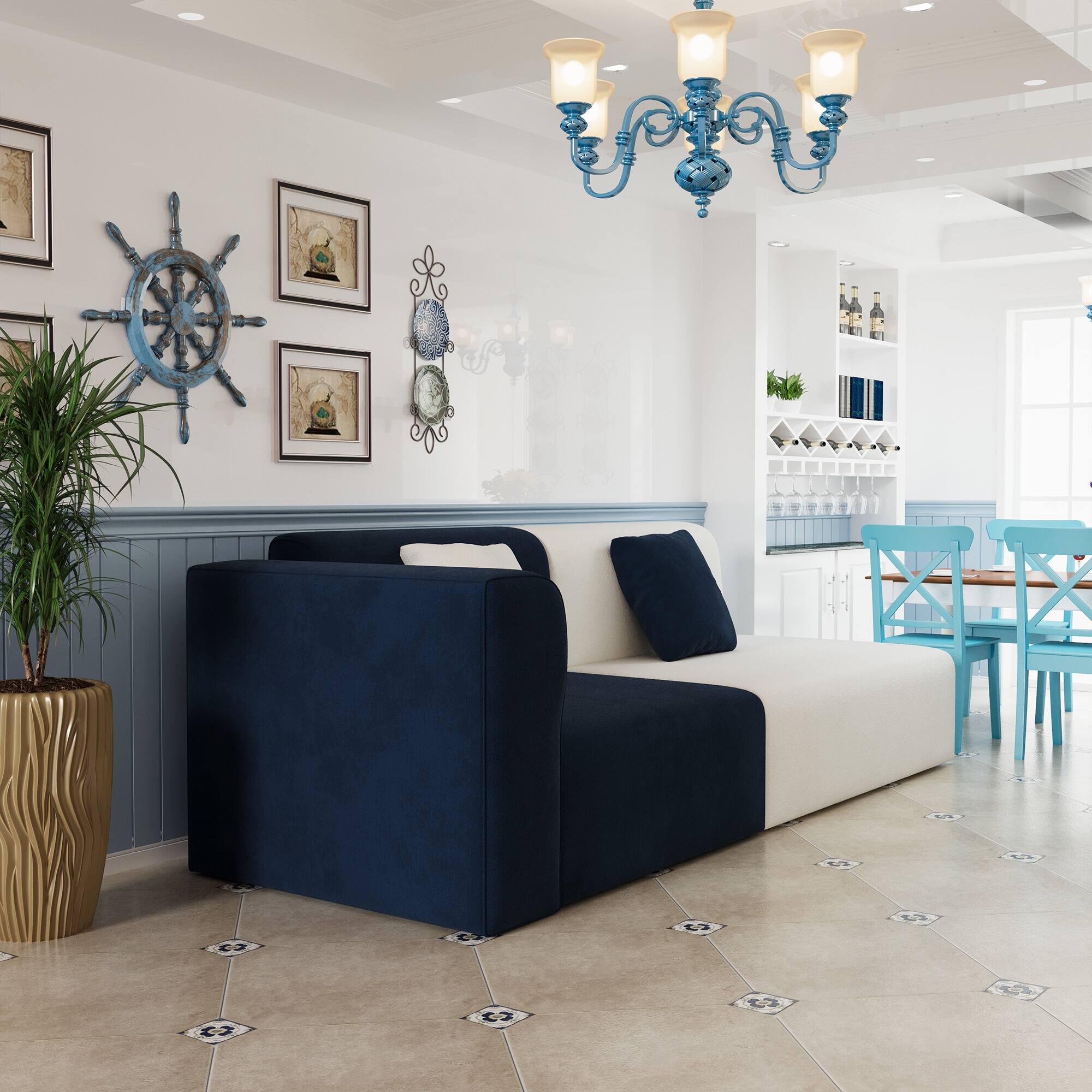 Left. luck idea - 77.55" Modern Two-Tone Fabric Sofa Couch with Solid Wood Frame, Foam Cushions & 2 Throw Pillows, Living Room Sofa - Dark blue+Off-white.