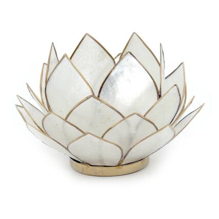 Front. Contrast Inc. - Natural White Capiz Shell Opening Lotus Flower Bulb Tealight Candle Holder - White.