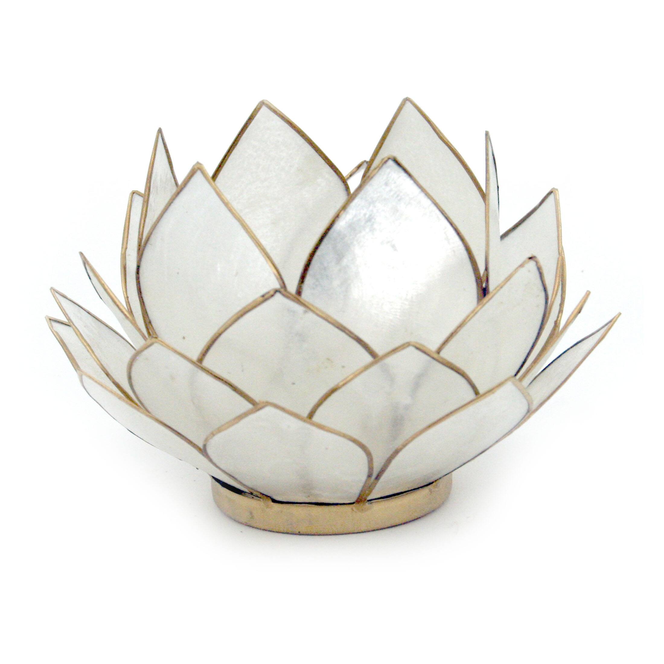 Front. Contrast Inc. - Natural White Capiz Shell Opening Lotus Flower Bulb Tealight Candle Holder - White.