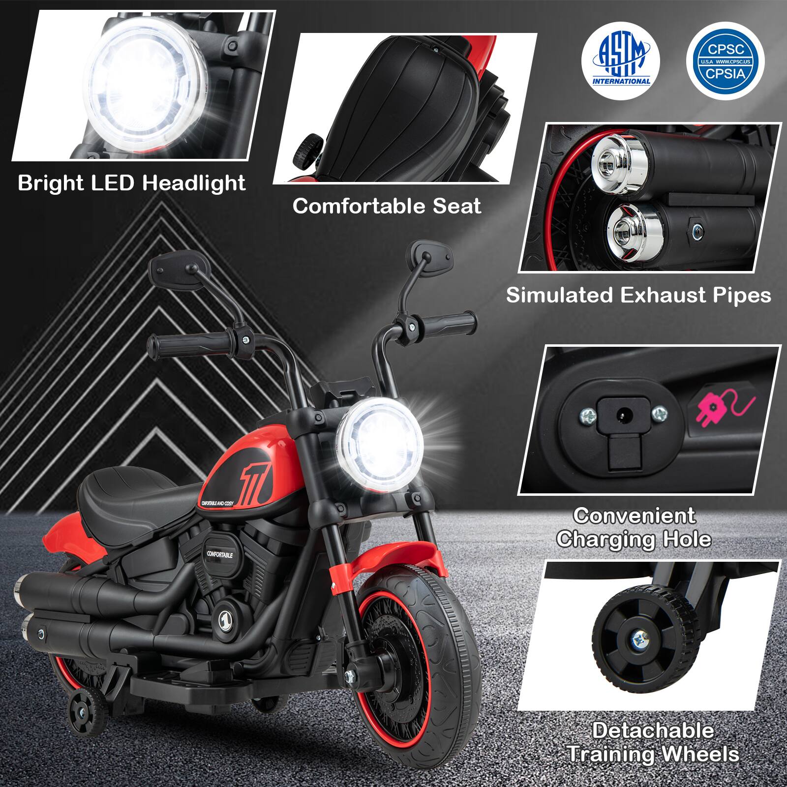 Sure, here is the corrected and grouped text from the image:

---

**SM JI INTERNATIONAL**

- **Bright LED Headlight**
- **Comfortable Seat**
- **Simulated Exhaust Pipes**
- **Convenient Charging Hole**
- **Detachable Training Wheels**

**Certifications:**
- ASTM INTERNATIONAL
- CPSC
- CPSIA

---