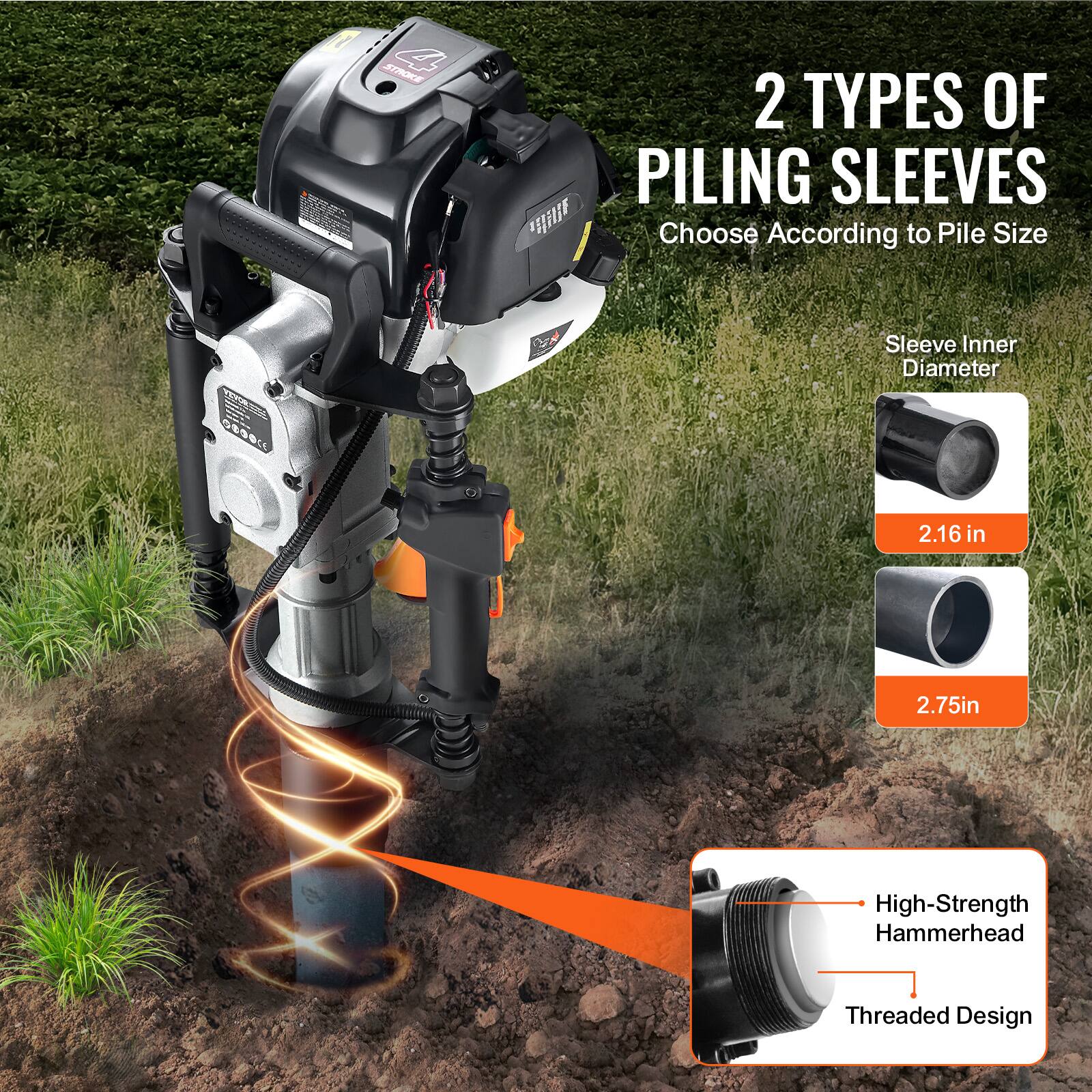 2 TYPES OF PILING SLEEVES  
Choose According to Pile Size  

Sleeve Inner Diameter  
2.16 in  
2.75 in  

High-Strength Hammerhead Threaded Design