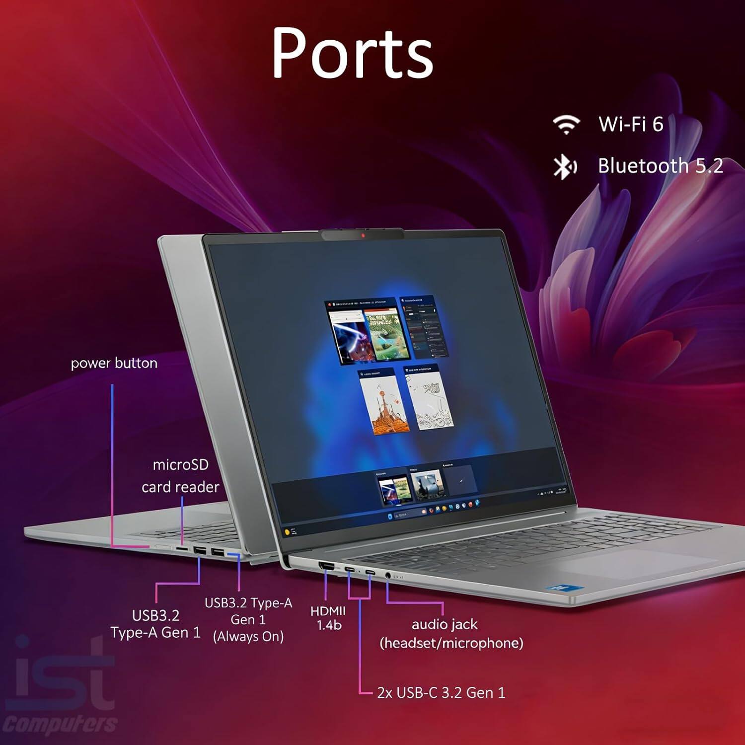 Ports:
- Wi-Fi 6
- Bluetooth 5.2
- Power button
- MicroSD card reader
- USB3.2 Type-A Gen 1 (Always On)
- HDMI 1.4b
- Audio jack (headset/microphone)
- 2x USB-C 3.2 Gen 1