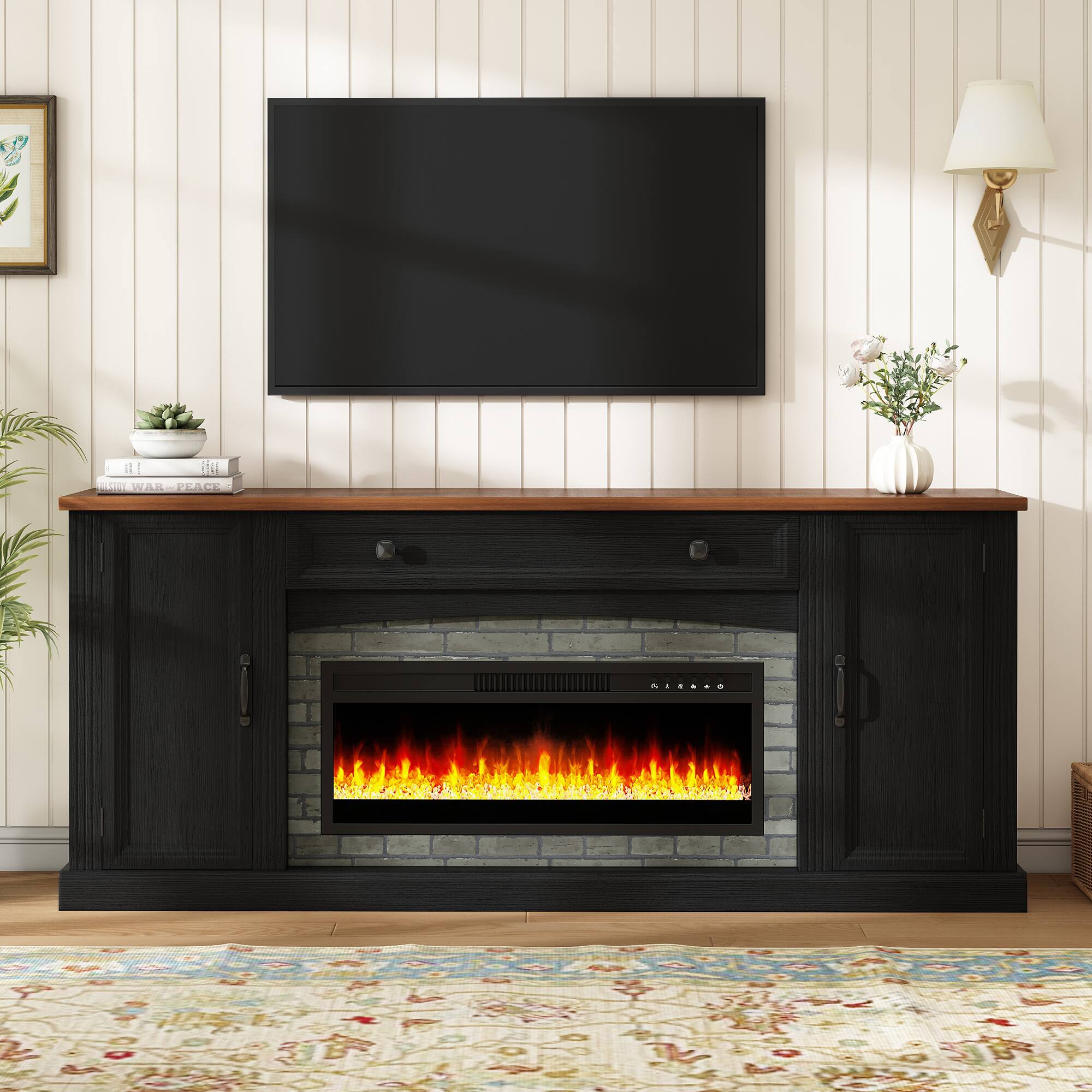 Whisen - 70-Inch Electric Fireplace TV Stand,Media Console with Mantel, Storage Drawer & Adjustable Shelves - Black