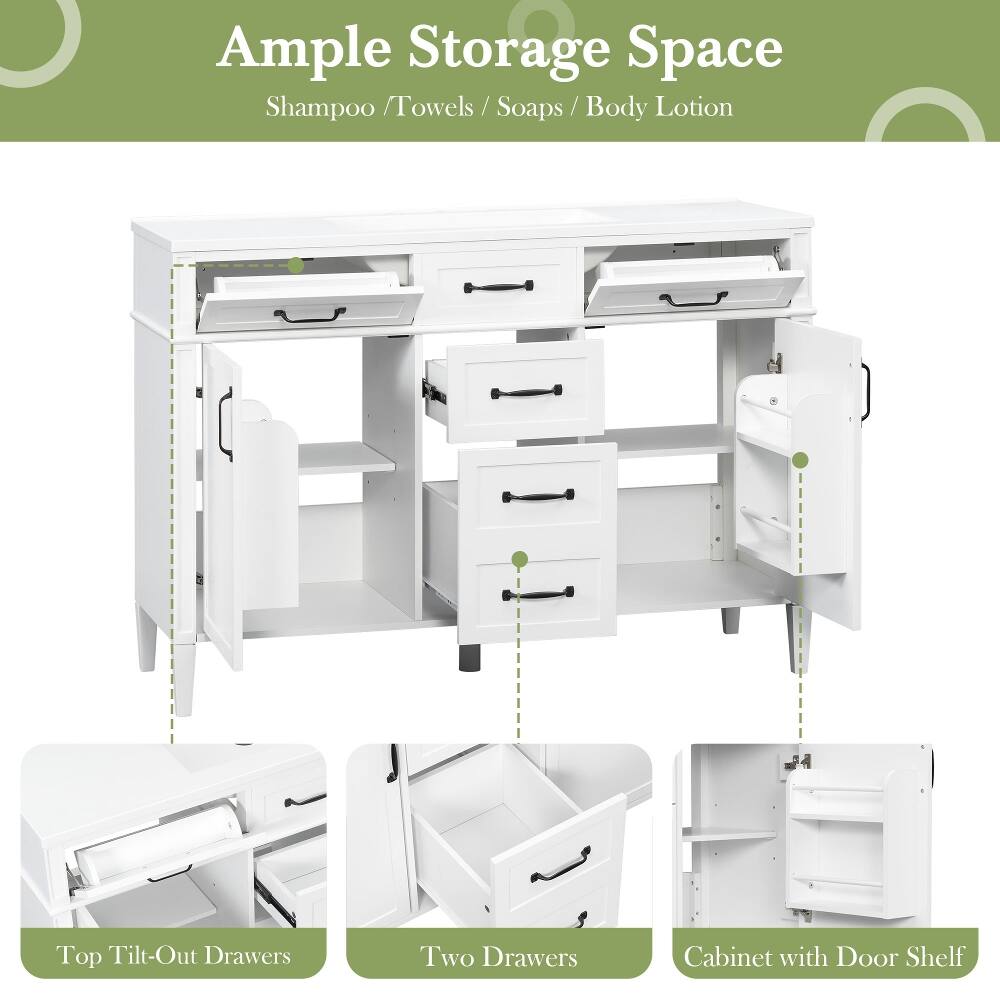 Ample Storage Space
Shampoo / Towels / Soaps / Body Lotion

Top Tilt-Out Drawers
Two Drawers
Cabinet with Door Shelf