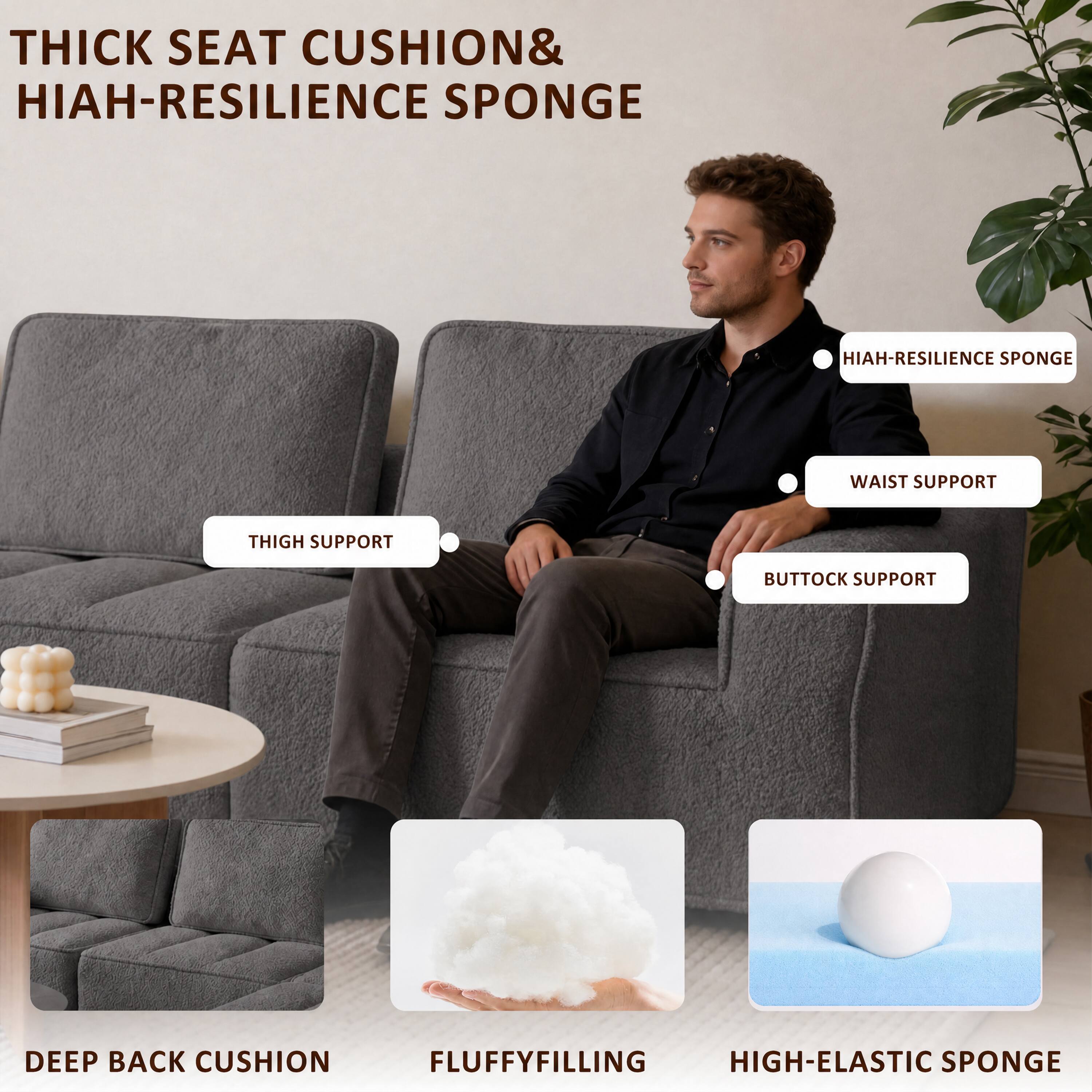 THICK SEAT CUSHION & HIAH-RESILIENCE SPONGE

- HIAH-RESILIENCE SPONGE
- WAIST SUPPORT
- THIGH SUPPORT
- BUTTOCK SUPPORT
- DEEP BACK CUSHION
- FLUFFY FILLING
- HIGH-ELASTIC SPONGE