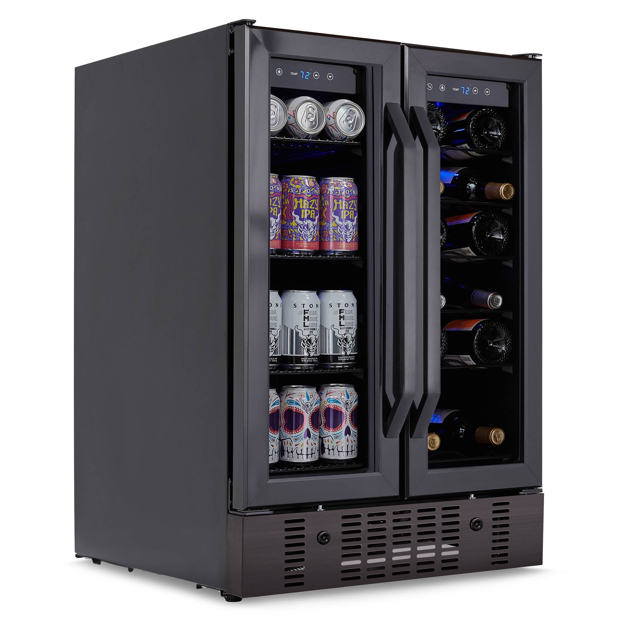 The image features a refrigerator with two doors, one of which is open, revealing a variety of drinks inside. There are several cans of beer and a few bottles of wine. The cans of beer are placed in different sections of the refrigerator, with some located in the middle and others towards the top. The bottles of wine are also distributed throughout the refrigerator, with some placed in the middle and others near the top. The refrigerator is filled with a diverse assortment of drinks, making it a convenient and well-stocked appliance for entertaining guests or enjoying a variety of beverages at home.