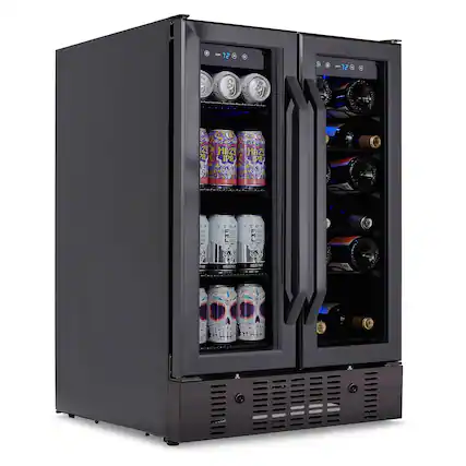 The image features a refrigerator with two doors, one of which is open, revealing a variety of drinks inside. There are several cans of beer and a few bottles of wine. The cans of beer are placed in different sections of the refrigerator, with some located in the middle and others towards the top. The bottles of wine are also distributed throughout the refrigerator, with some placed in the middle and others near the top. The refrigerator is filled with a diverse assortment of drinks, making it a convenient and well-stocked appliance for entertaining guests or enjoying a variety of beverages at home.