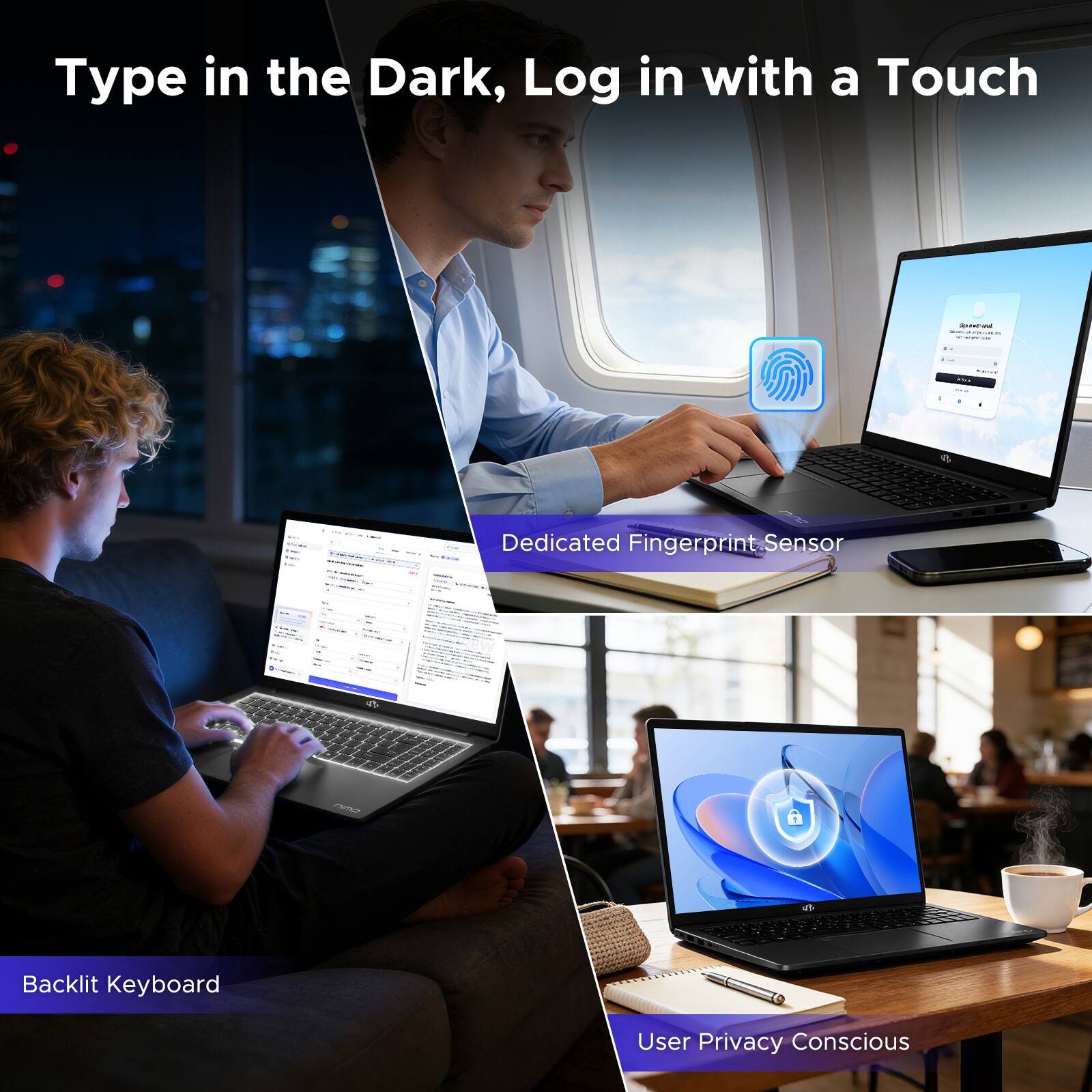 Type in the Dark, Log in with a Touch

- Dedicated Fingerprint Sensor
- Backlit Keyboard
- User Privacy Conscious