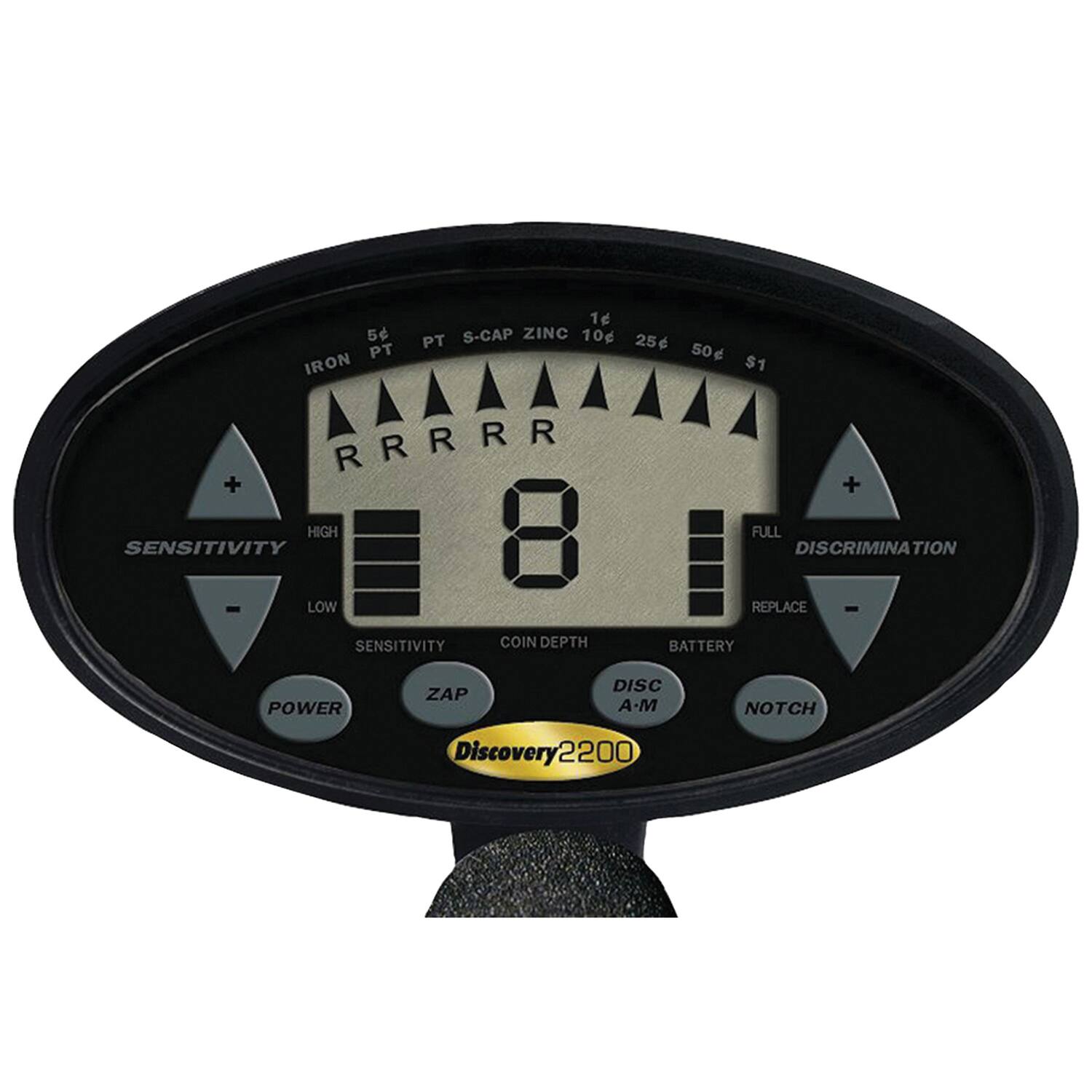 1e 5 S-CAP ZINC 10d PT PT 256 50 IRON $1 RRRRR + + HIGH 8 FULL SENSITIVITY DISCRIMINATION - LOW IIII REPLACE - SENSITIVITY COIN DEPTH BATTERY POWER ZAP DISC A-M NOTCH Discovery2200 2200