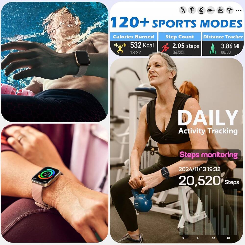 120+ SPORTS MODES  
Calories Burned: 532 Kcal  
Step Count: 2.05 steps  
Distance Tracker: 3.86 Mi  
18:22  
04/25  
08/30  

DAILY Activity Tracking  
Steps monitoring  
2024/11/13 19:32  
20,520 Steps