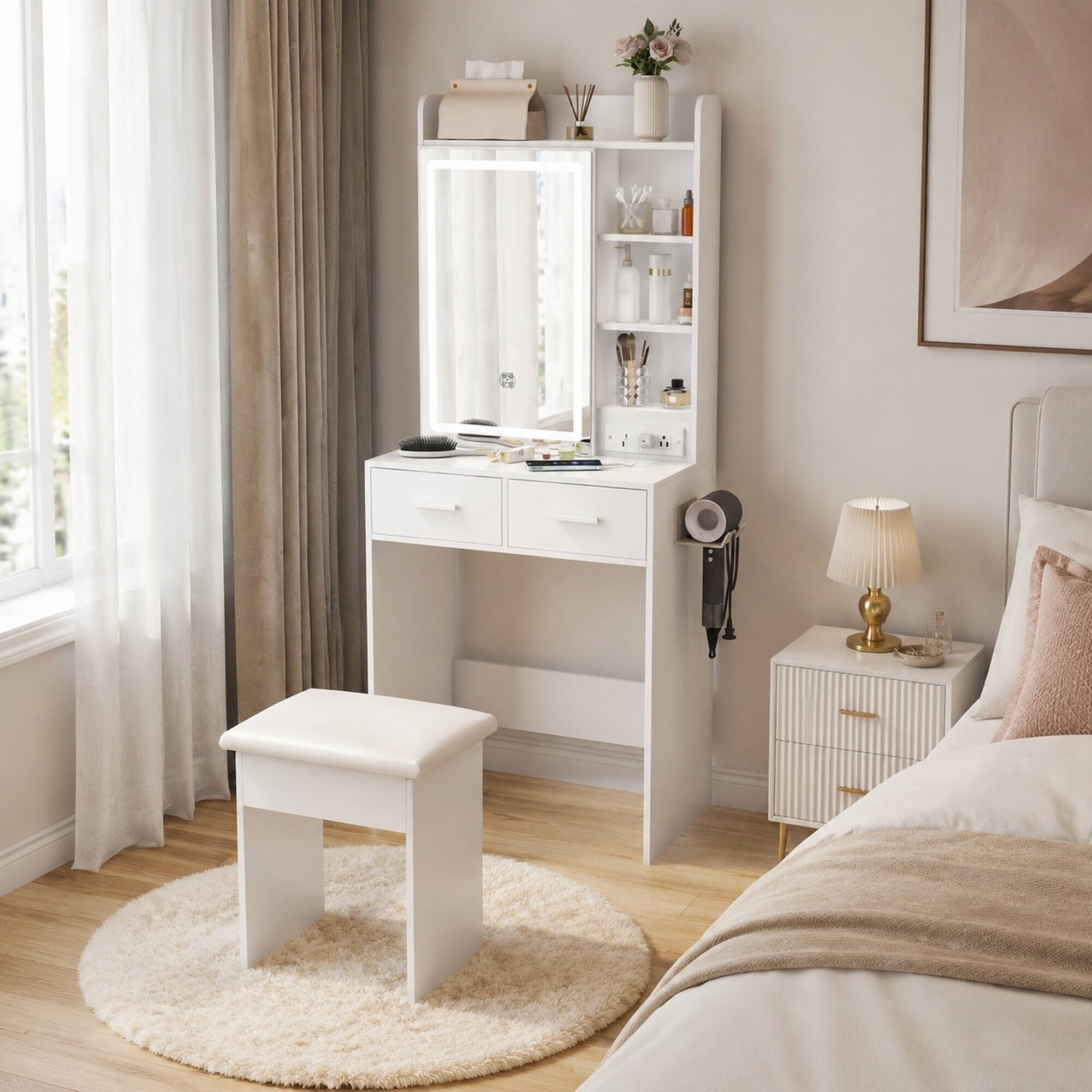 Back. RYHNUYNE - Small Makeup Vanity Desk with Mirror, Adjustable LED Lights, Power Outlet, Hidden Storage, Padded Stool, White - White.