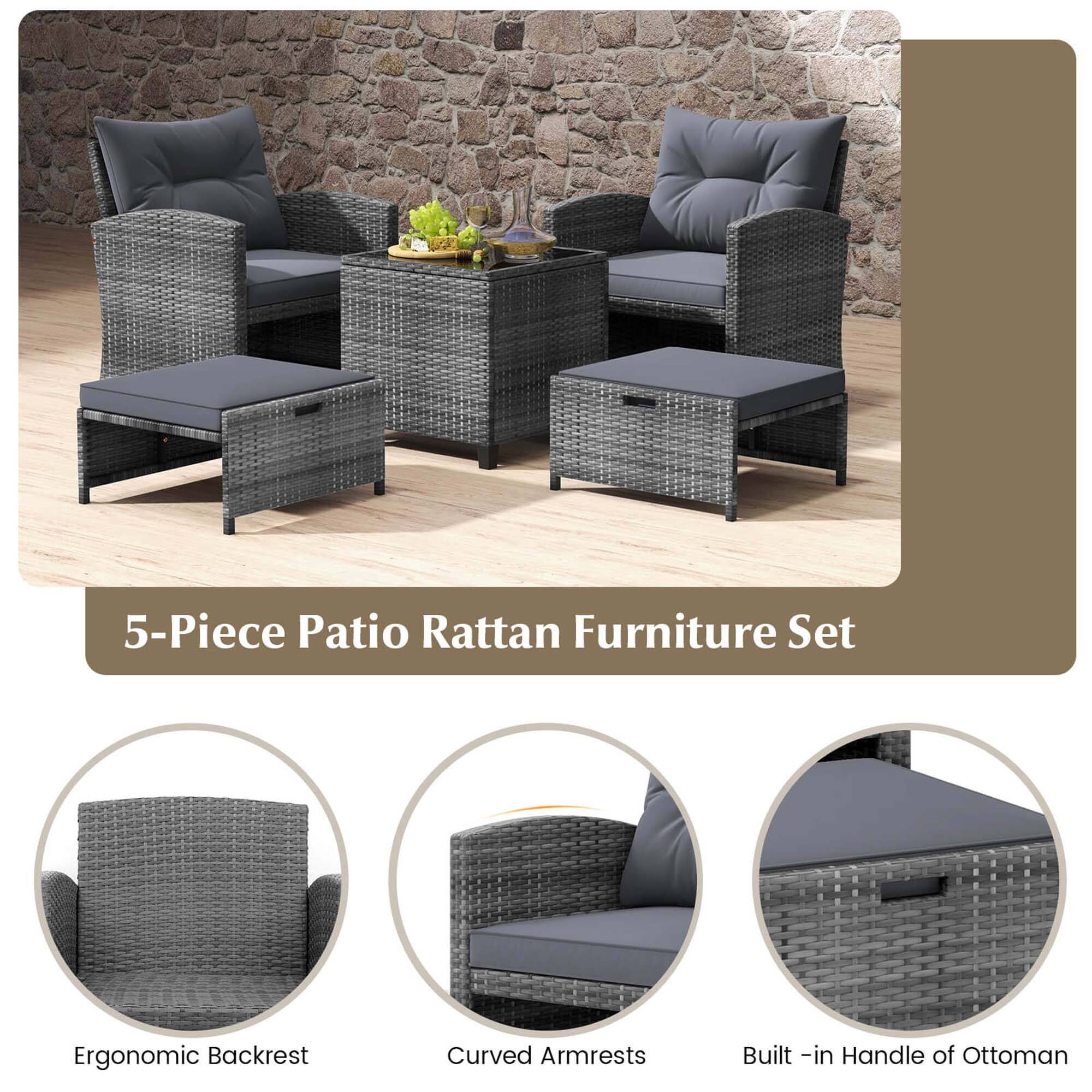 5-Piece Patio Rattan Furniture Set: Ergonomic Backrest, Curved Armrests, Built-in Handle of Ottoman