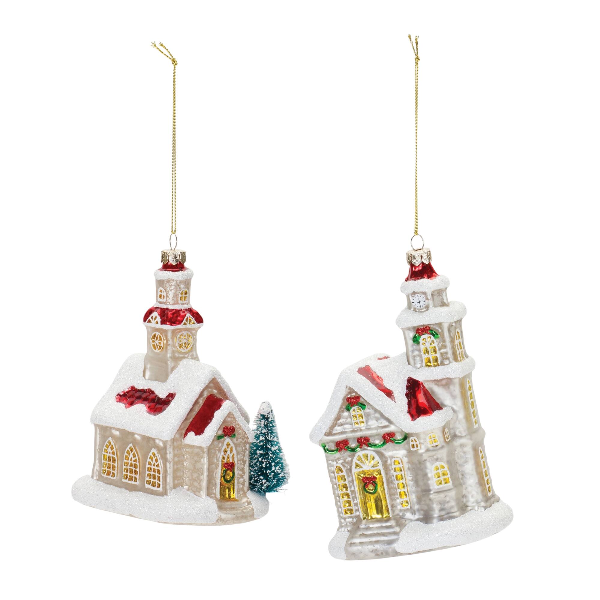 Left. BreeBe - Glittered Glass Church Ornament (Set of 6) - Tan, Red.