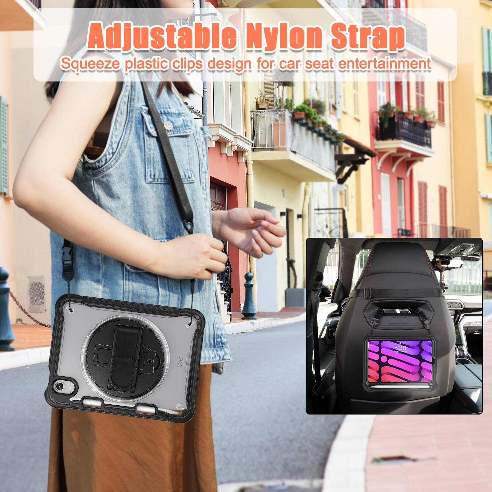 Adjustable Nylon Strap  
Squeeze plastic clips design for car seat entertainment