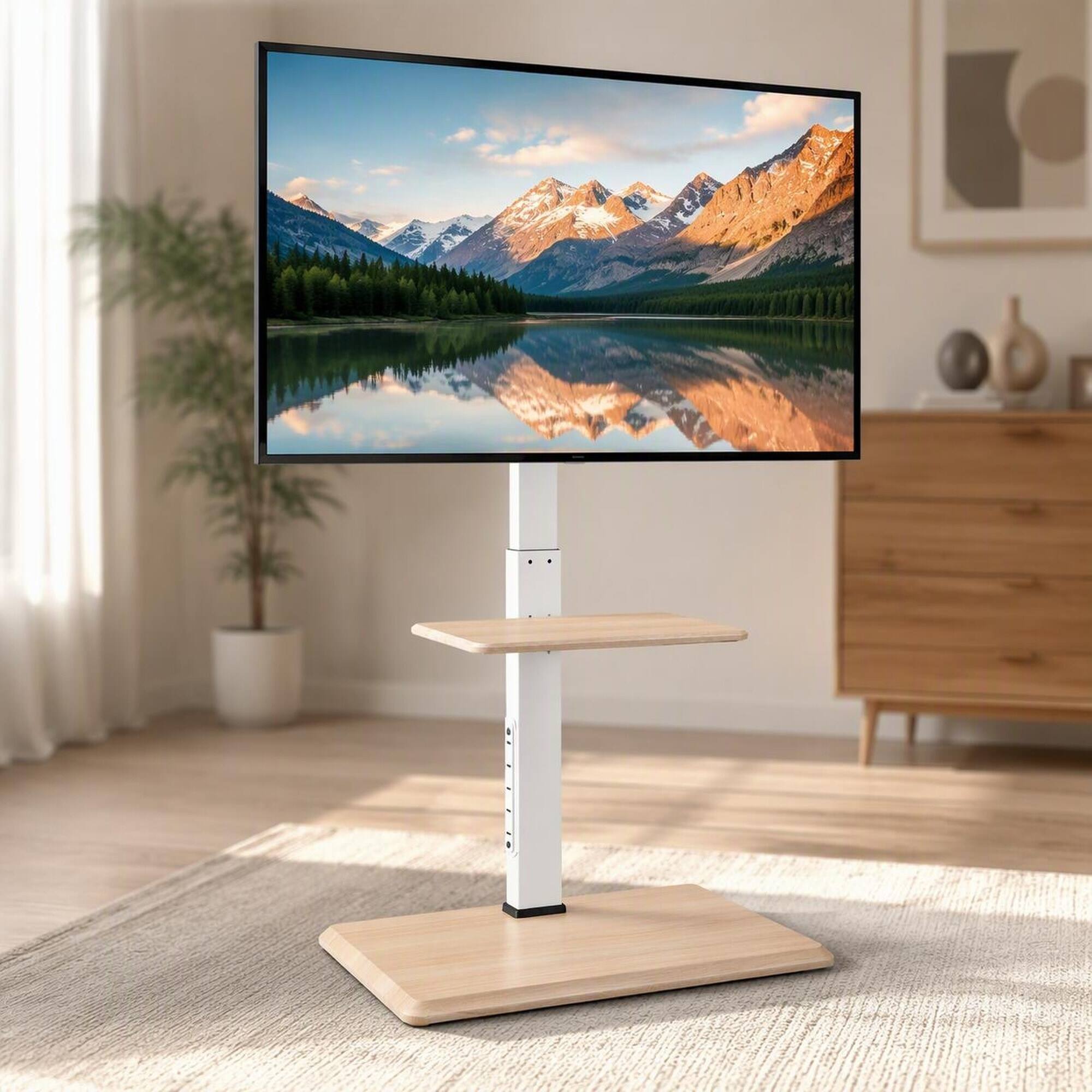 Front. RYHNUYNE - Rolling Mobile TV Cart, 25° Rotation Height Adjustable Stand With Tray For 32-70 Inch Screens - White.