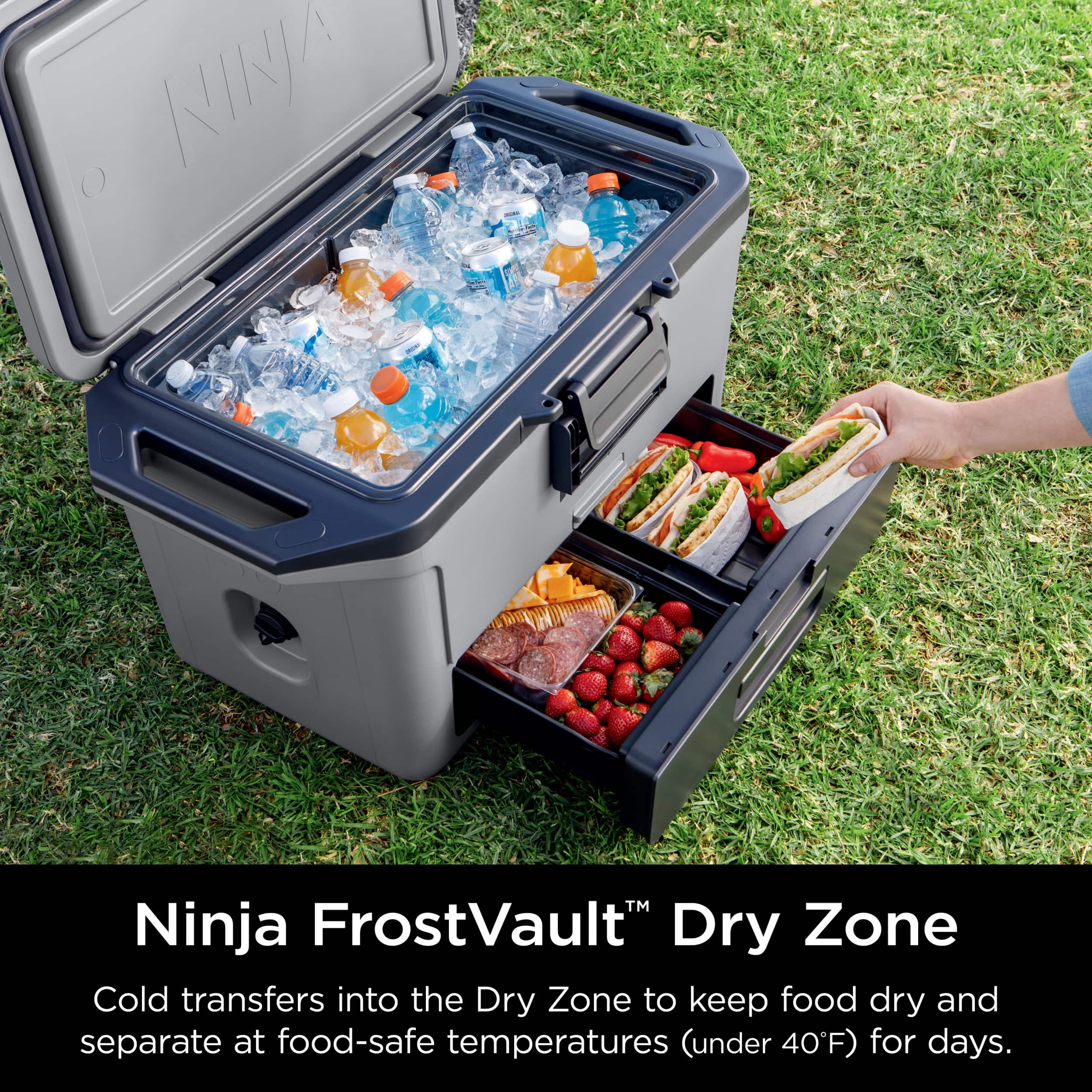 Ninja FrostVault Dry Zone Cold transfers into the Dry Zone to keep food dry and separate at food-safe temperatures (under 40°F) for days.