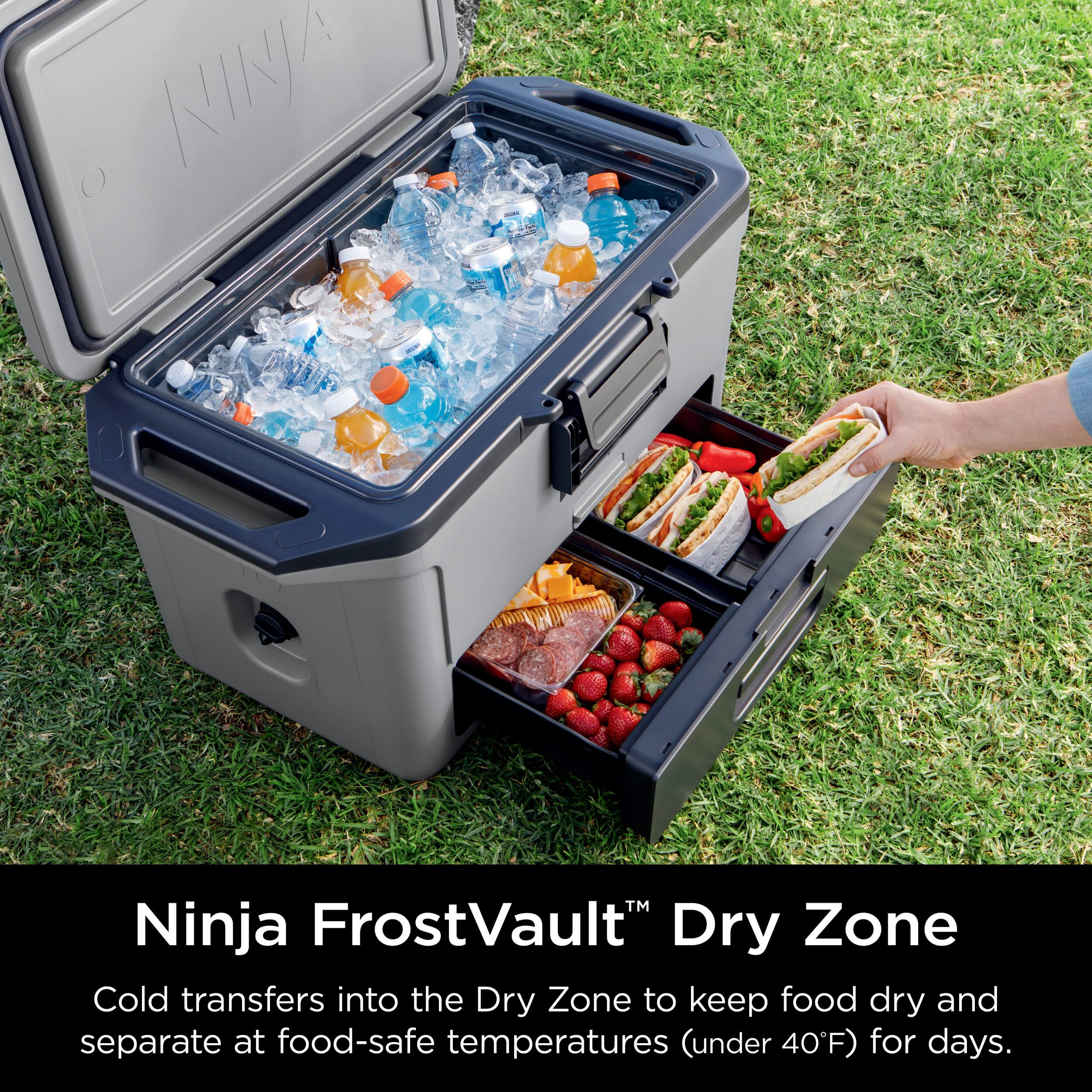Ninja FrostVault Dry Zone Cold transfers into the Dry Zone to keep food dry and separate at food-safe temperatures (under 40°F) for days.