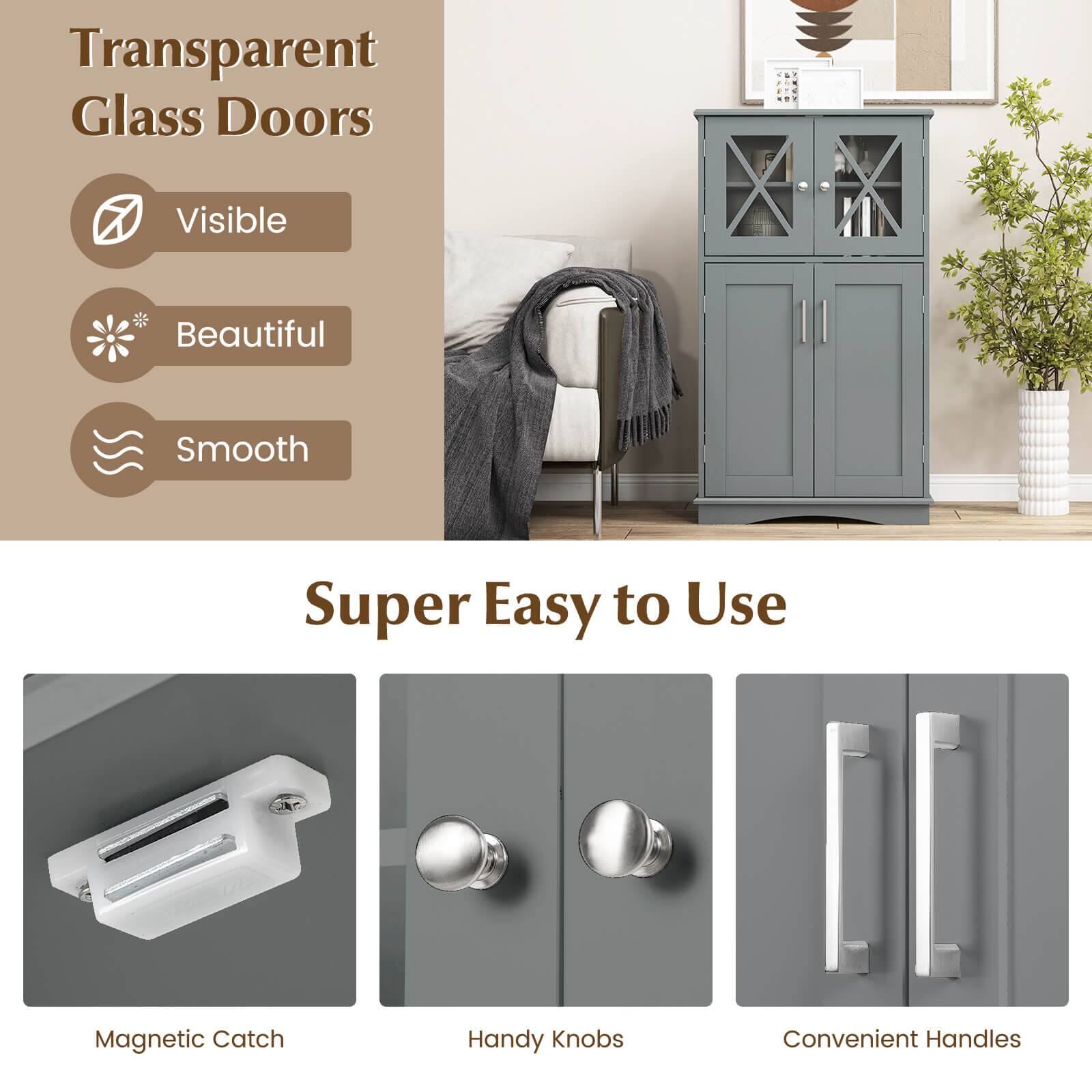 Transparent Glass Doors Visible Beautiful Smooth
Super Easy to Use
Magnetic Catch Handy Knobs Convenient Handles