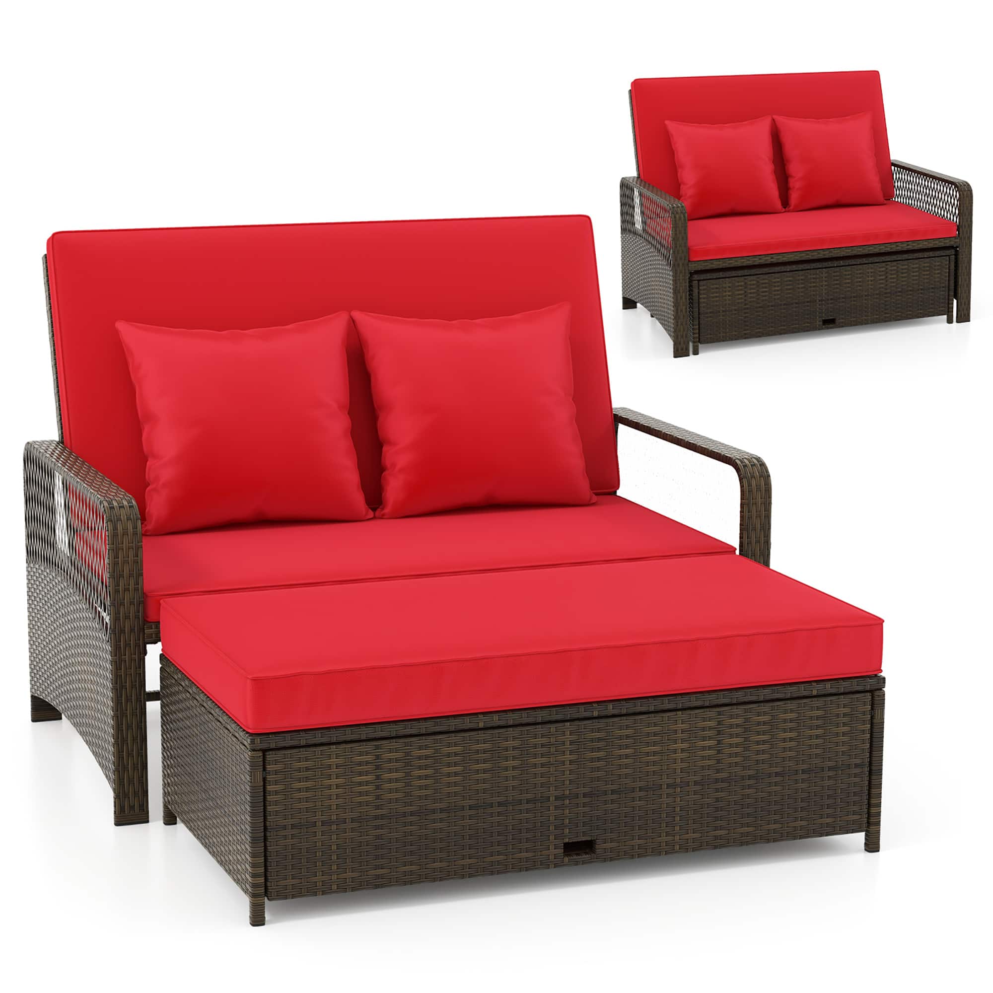 Gymax - Patio Rattan Daybed Wicker Loveseat Sofa w/ Multifunctional Ottoman - Red