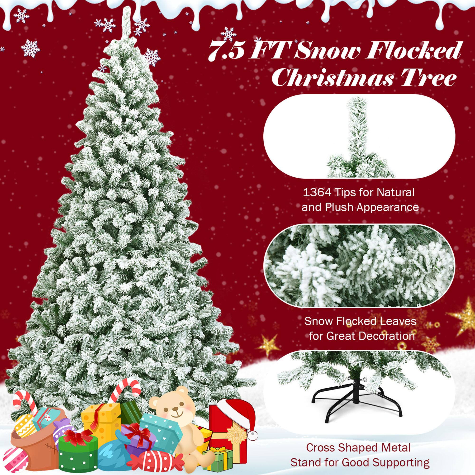 7.5 FT Snow Flocked Christmas Tree

1364 Tips for Natural and Plush Appearance

Snow Flocked Leaves for Great Decoration

Cross Shaped Metal Stand for Good Supporting