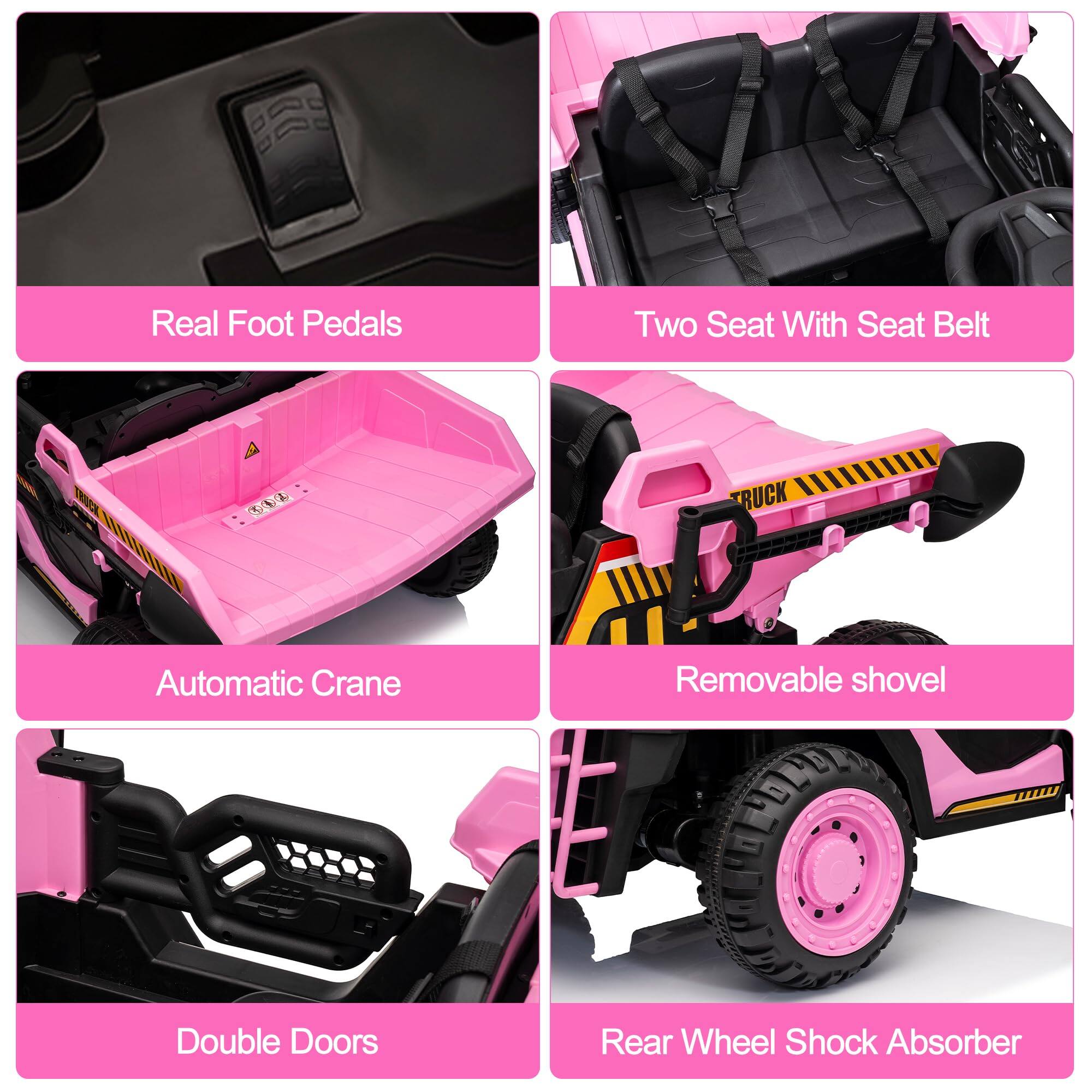 - Real Foot Pedals
- Two Seat With Seat Belt
- Automatic Crane
- Removable Shovel
- Double Doors
- Rear Wheel Shock Absorber