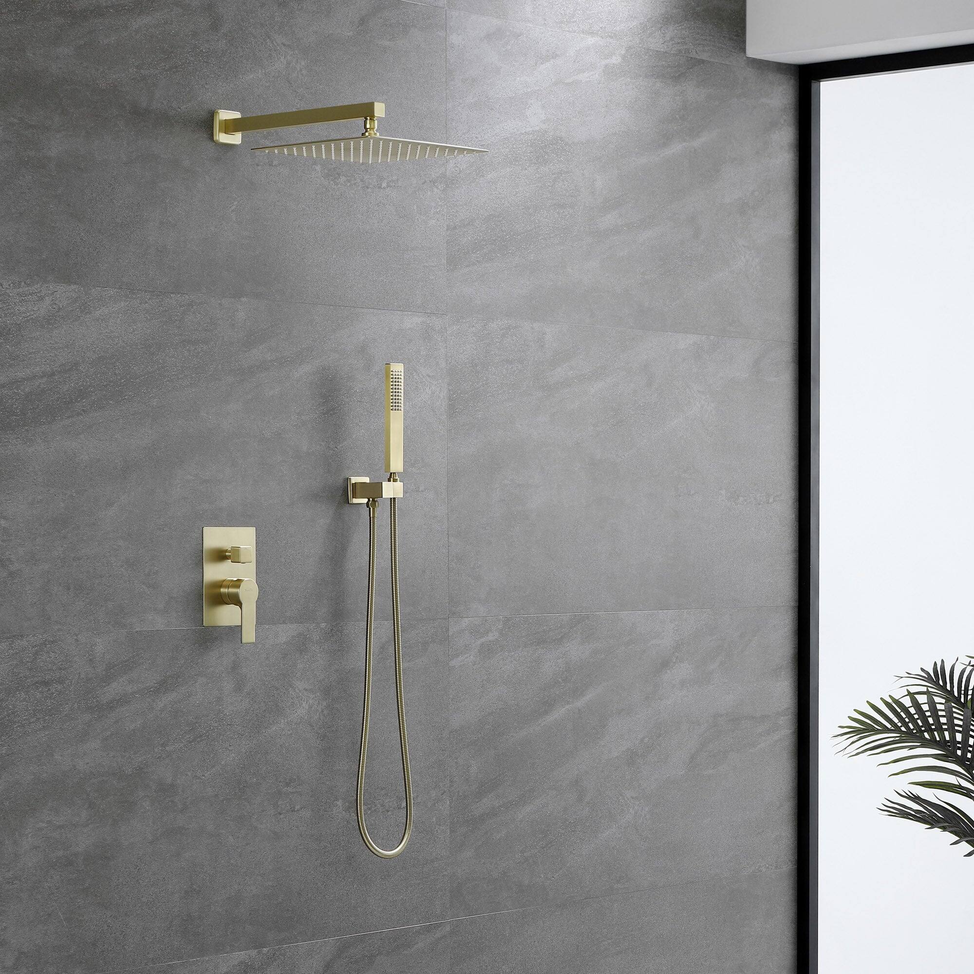 Left. Boyel Living - 1-Spray Patterns with 2.5 GPM 12 in. Wall Mount Dual Shower Heads with Pressure Balance Valve in Brushed Gold - Brushed Gold.
