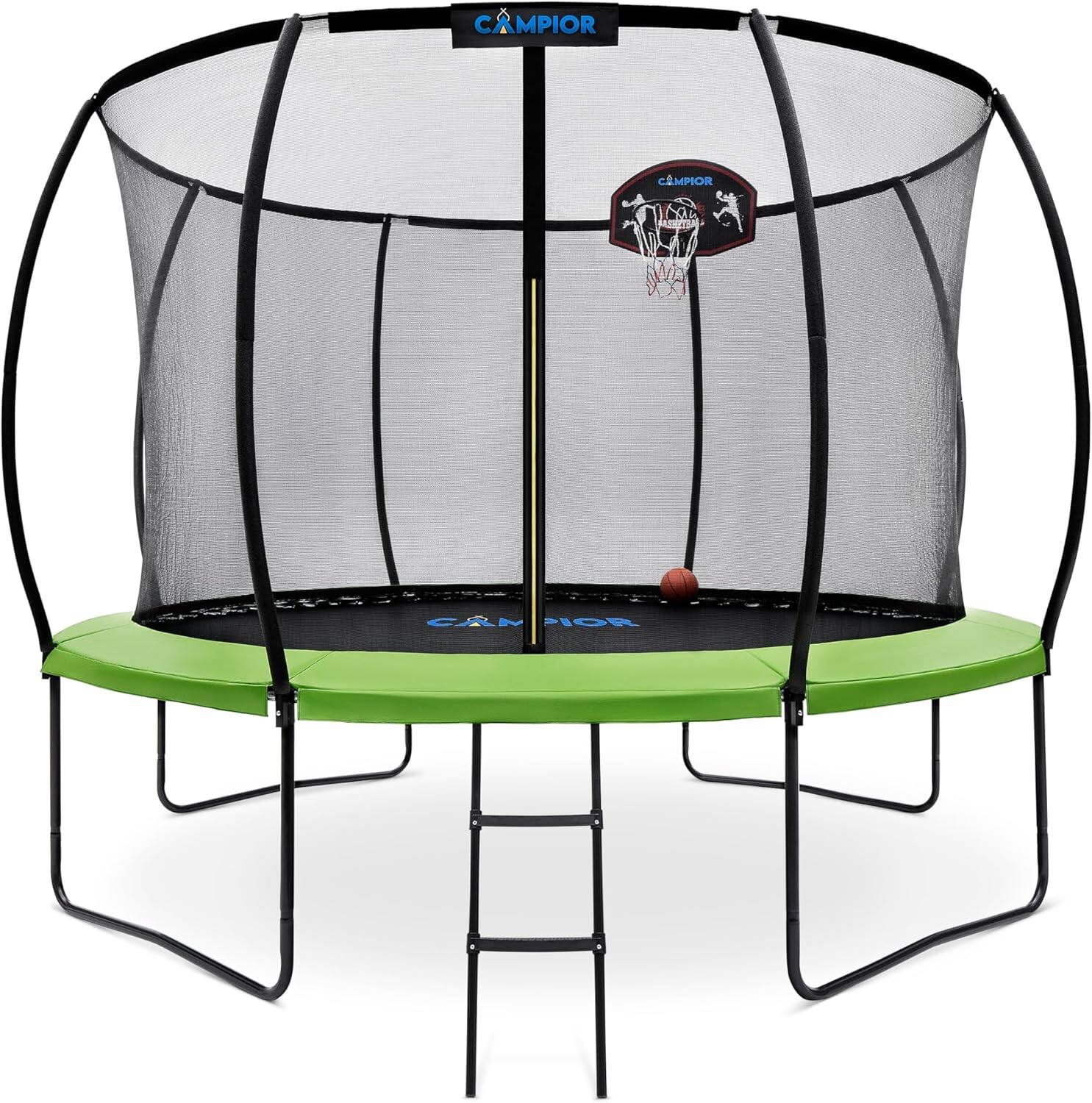 Campior - 10FT Pumpkin Trampoline with Ladder & Hoop – Safe, Durable, Fun Design with Inner Enclosure for Kids & Family - Green