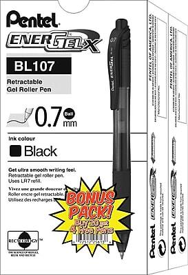 Pentel ENERGEL X  
BL107  
Retractable Gel Roller Pen  
0.7 mm Ball  
Ink colour: Black  

Get ultra smooth writing feel.  
Retractable gel roller pen.  
Uses LR7 refill.  

Vivez une grande douceur.  
Roller encre gel rétractable.  
Utilisez des recharges LR7.  

BONUS PACK!  
BUY 2 GET 1 FREE  

RECYCLING  
THE MATERIALS OF THIS PRODUCT CAN BE RECYCLED.