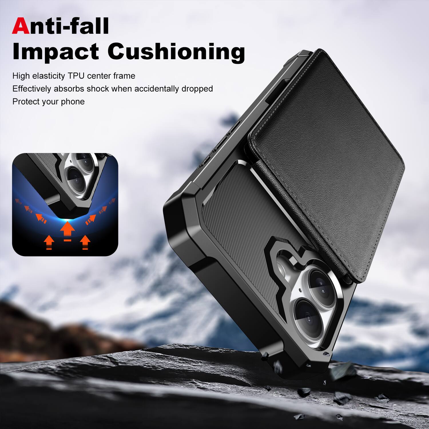 Anti-fall Impact Cushioning

High elasticity TPU center frame  
Effectively absorbs shock when accidentally dropped  
Protect your phone