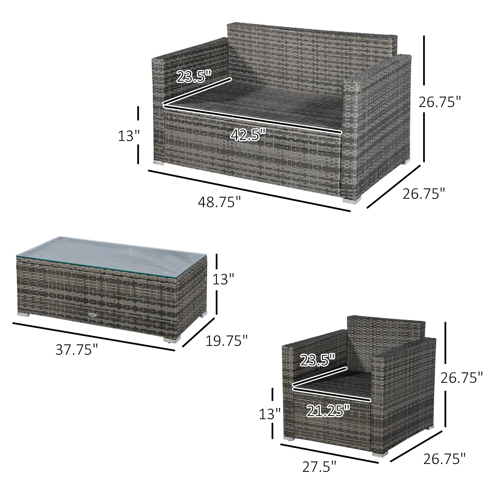 Sofa: 23.5", 26.75", 13", 42.5", 48.75"
Ottoman: 13", 37.75", 19.75"
Armchair: 23.5", 26.75", 13", 21.25", 27.5", 26.75"