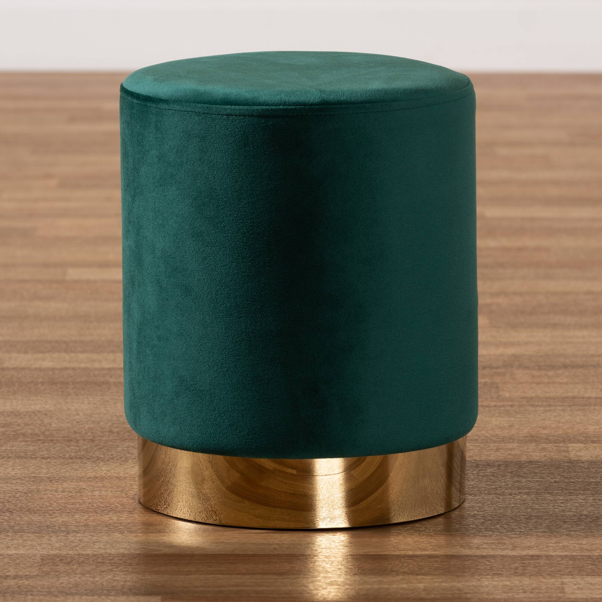 Alt View 2. Baxton Studio - Chaela Contemporary Glam and Luxe Velvet Fabric Upholstered and Gold Finished Metal Ottoman - Green/Gold.