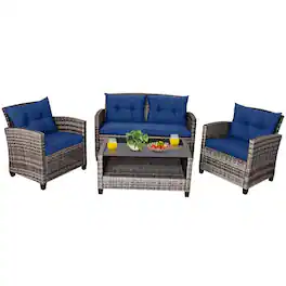 Pefilos - Patio Furniture 4 Pieces Patio Rattan Furniture Set, Outdoor Wicker Rattan Chairs Garden Backyard Balcony Porch - Blue