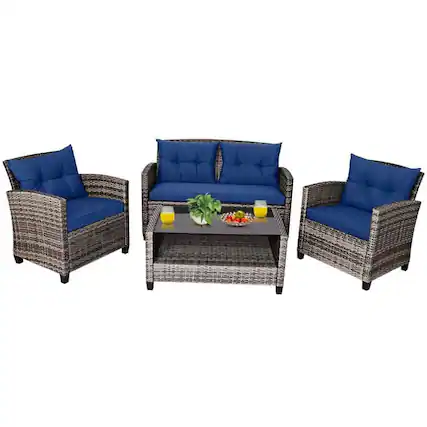 Front. Pefilos - Patio Furniture 4 Pieces Patio Rattan Furniture Set, Outdoor Wicker Rattan Chairs Garden Backyard Balcony Porch - Blue.