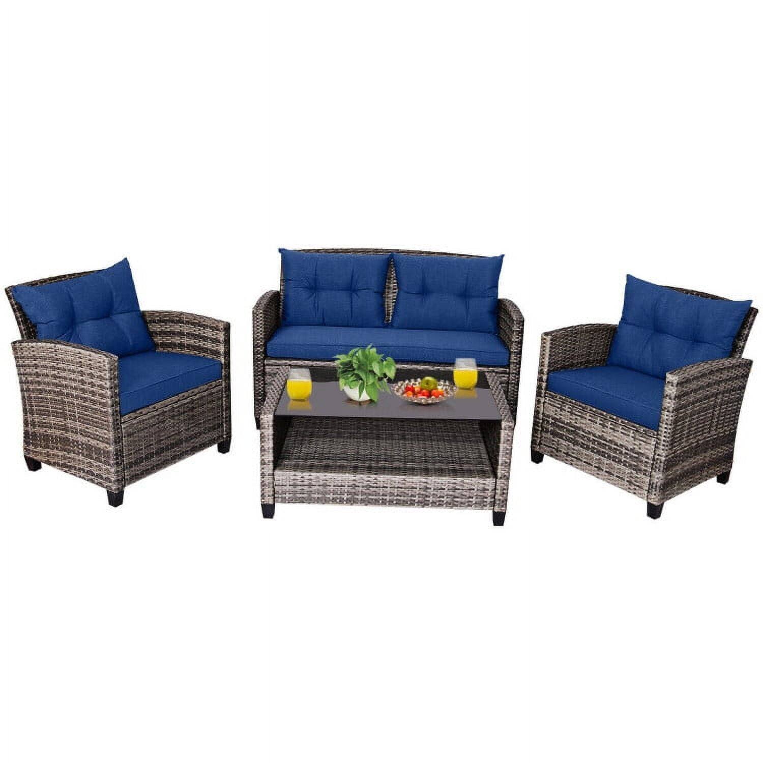 Front. Pefilos - Patio Furniture 4 Pieces Patio Rattan Furniture Set, Outdoor Wicker Rattan Chairs Garden Backyard Balcony Porch - Blue.